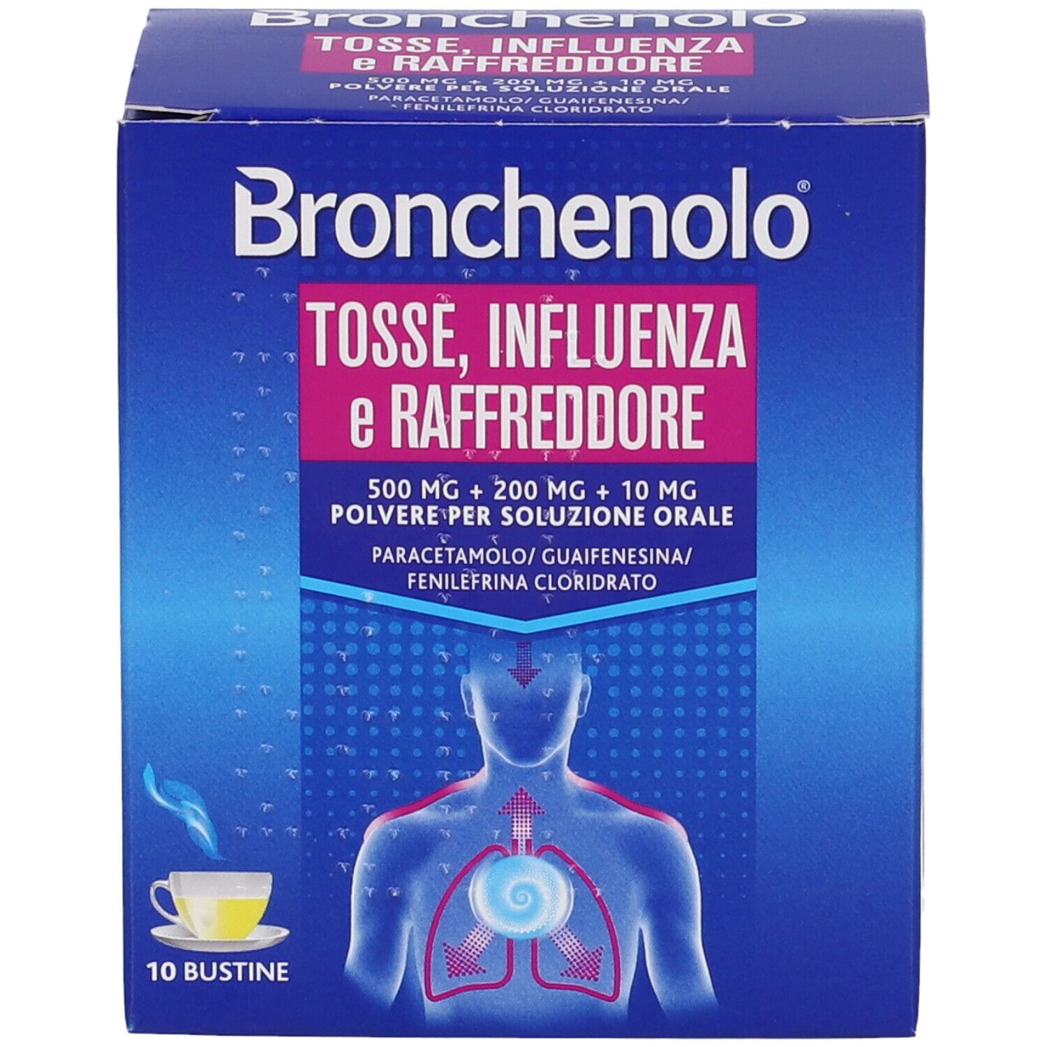 Confezione Bronchenolo. Testo: Tosse, Influenza e Raffreddore. 10 bustine. Illustrazione di persona con tosse.