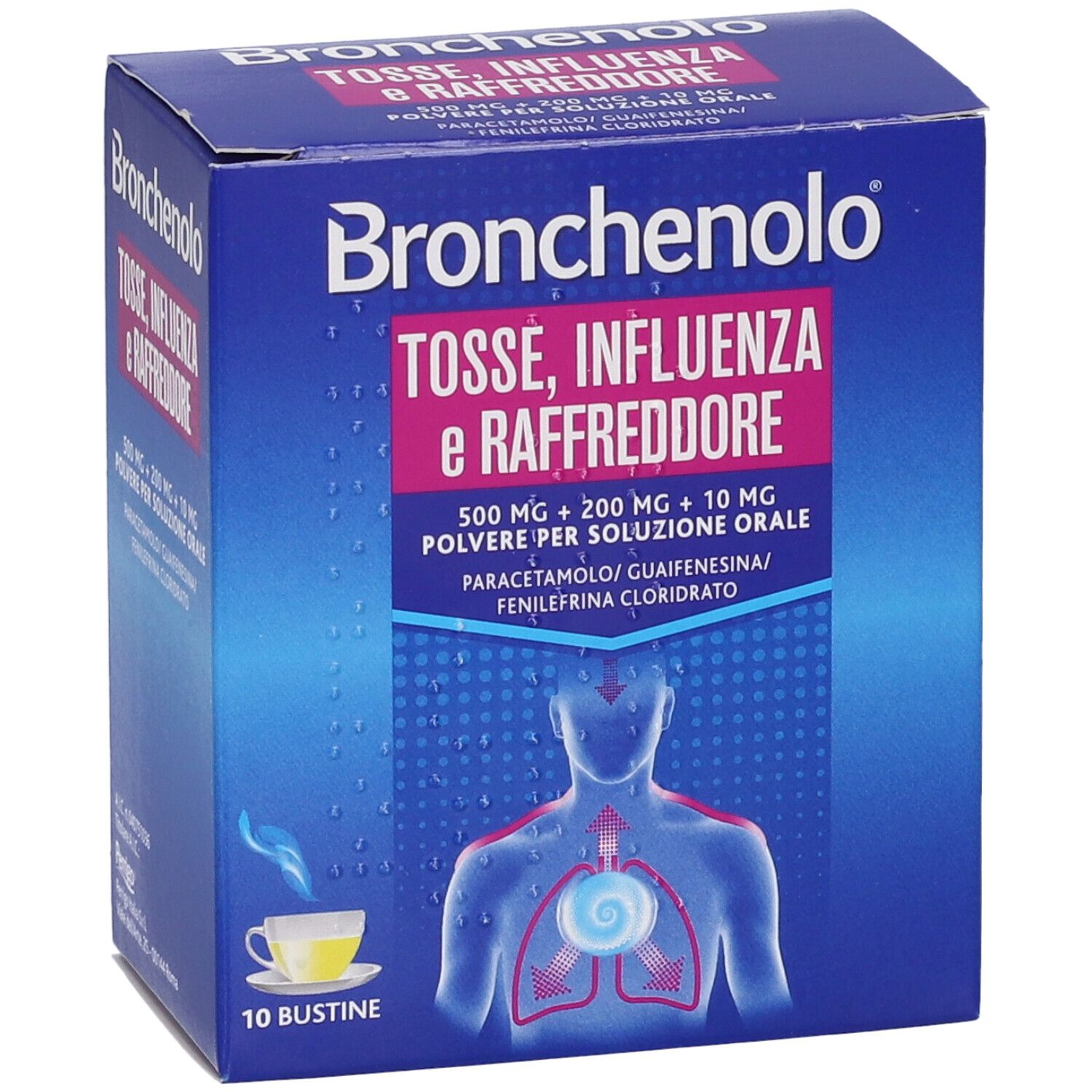 Confezione Bronchenolo. Testo: Tosse, Influenza e Raffreddore. Vista prospettica.