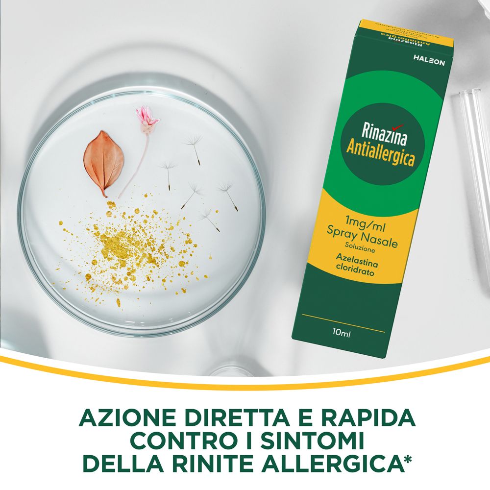 Scatola Rinazina Antiallergica accanto a una capsula di Petri con polvere gialla e semi. Testo: AZIONE DIRETTA E RAPIDA CONTRO I SINTOMI DELLA RINITI ALLERGICA.