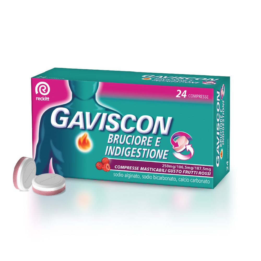 Gaviscon Bruciore e Indigestione Gusto Frutti Rossi 24 Compresse
