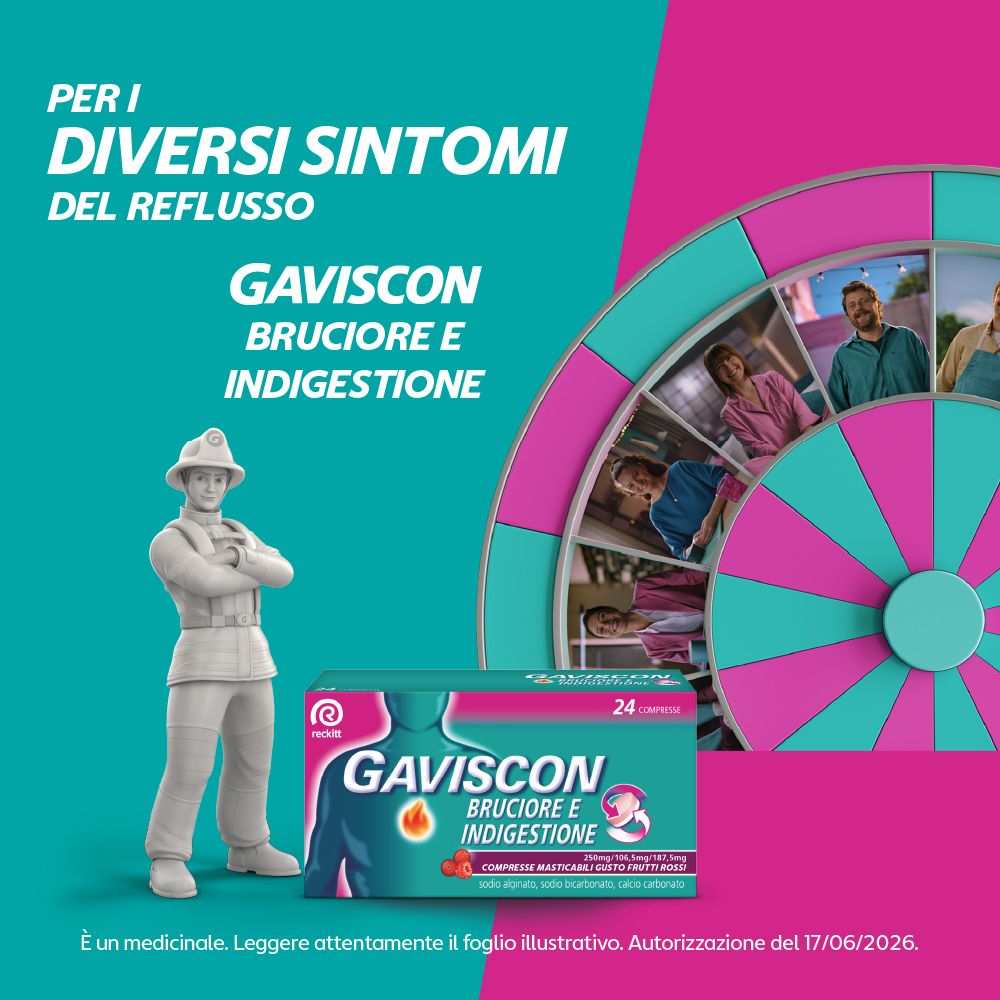 Confezione Gaviscon con illustrazione di un uomo che si tiene il petto e una statuetta.