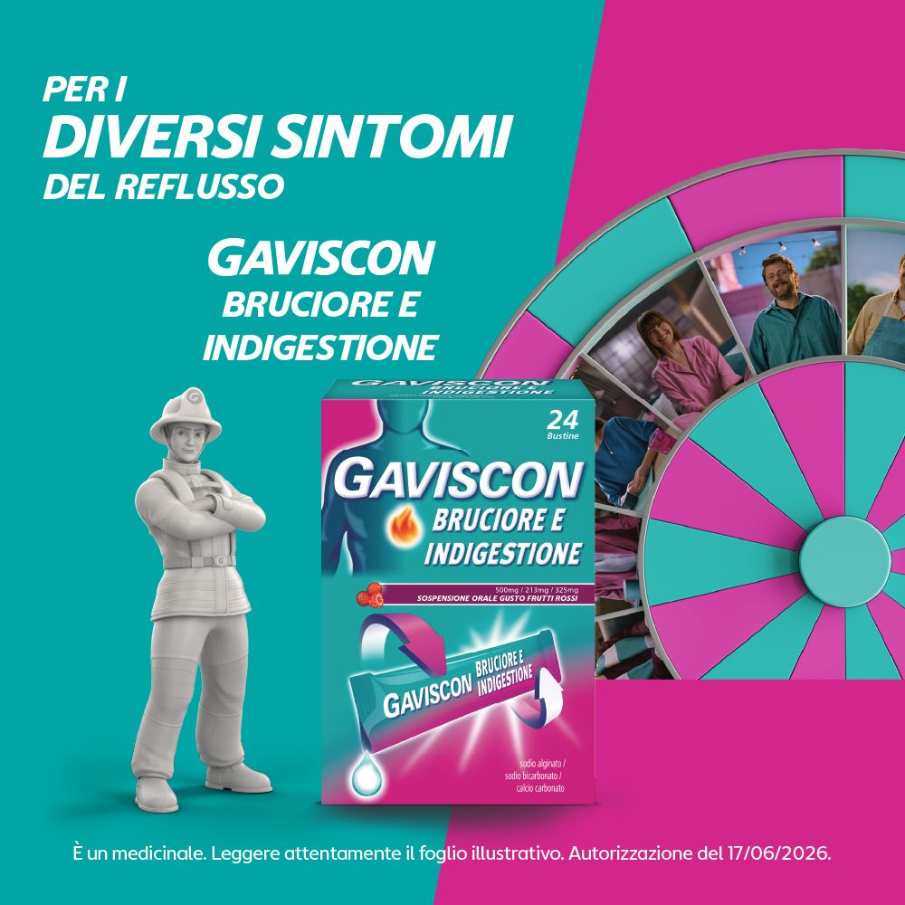 Confezione Gaviscon da 24 bustine, silhouette uomo, ruota della fortuna.