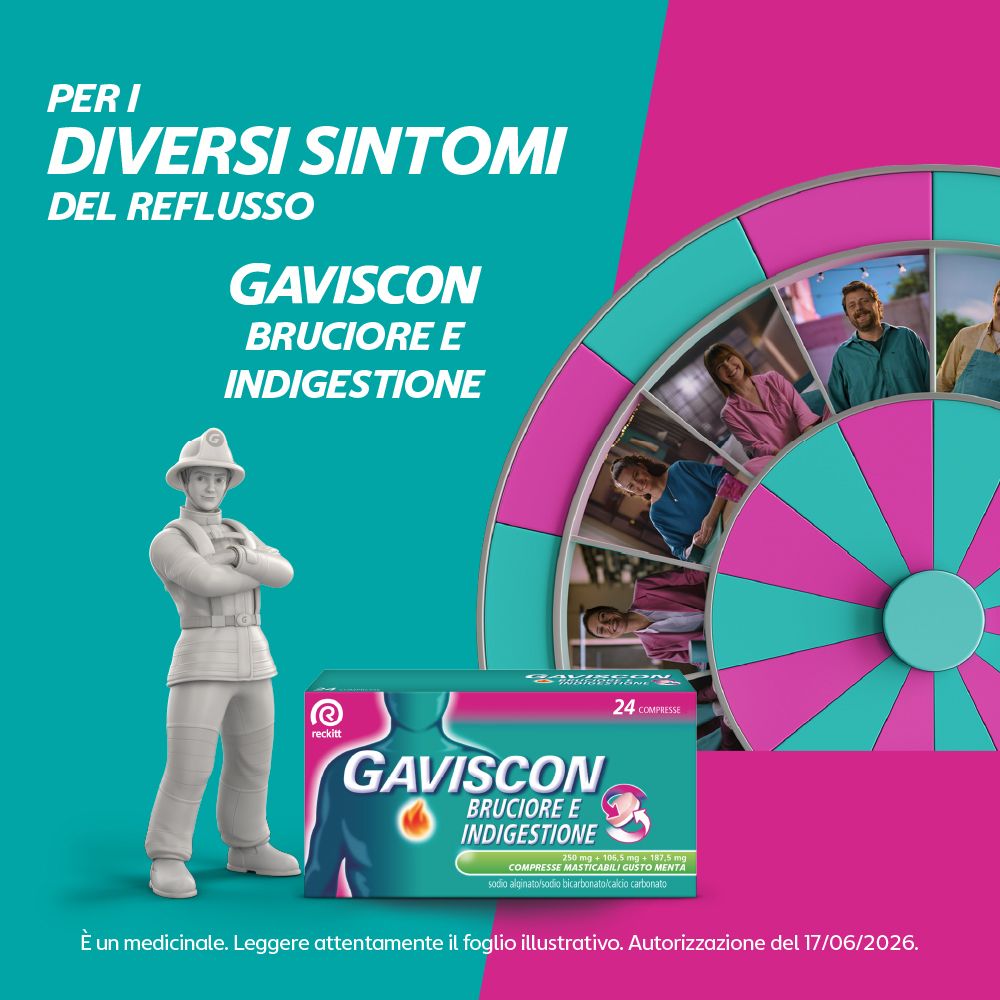 Confezione Gaviscon con una figura che illustra vari sintomi da reflusso.