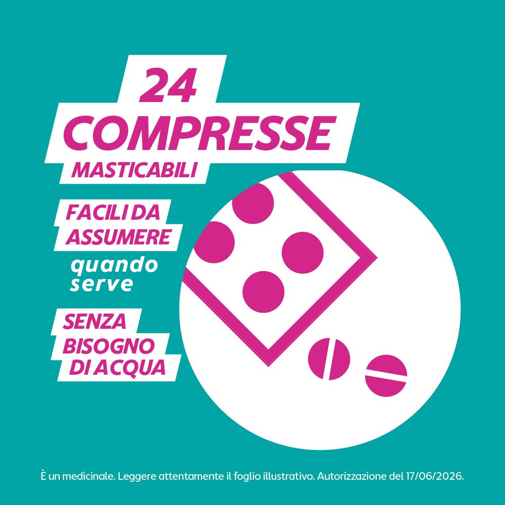 Confezione Gaviscon: 24 compresse masticabili, facili da assumere senza acqua.