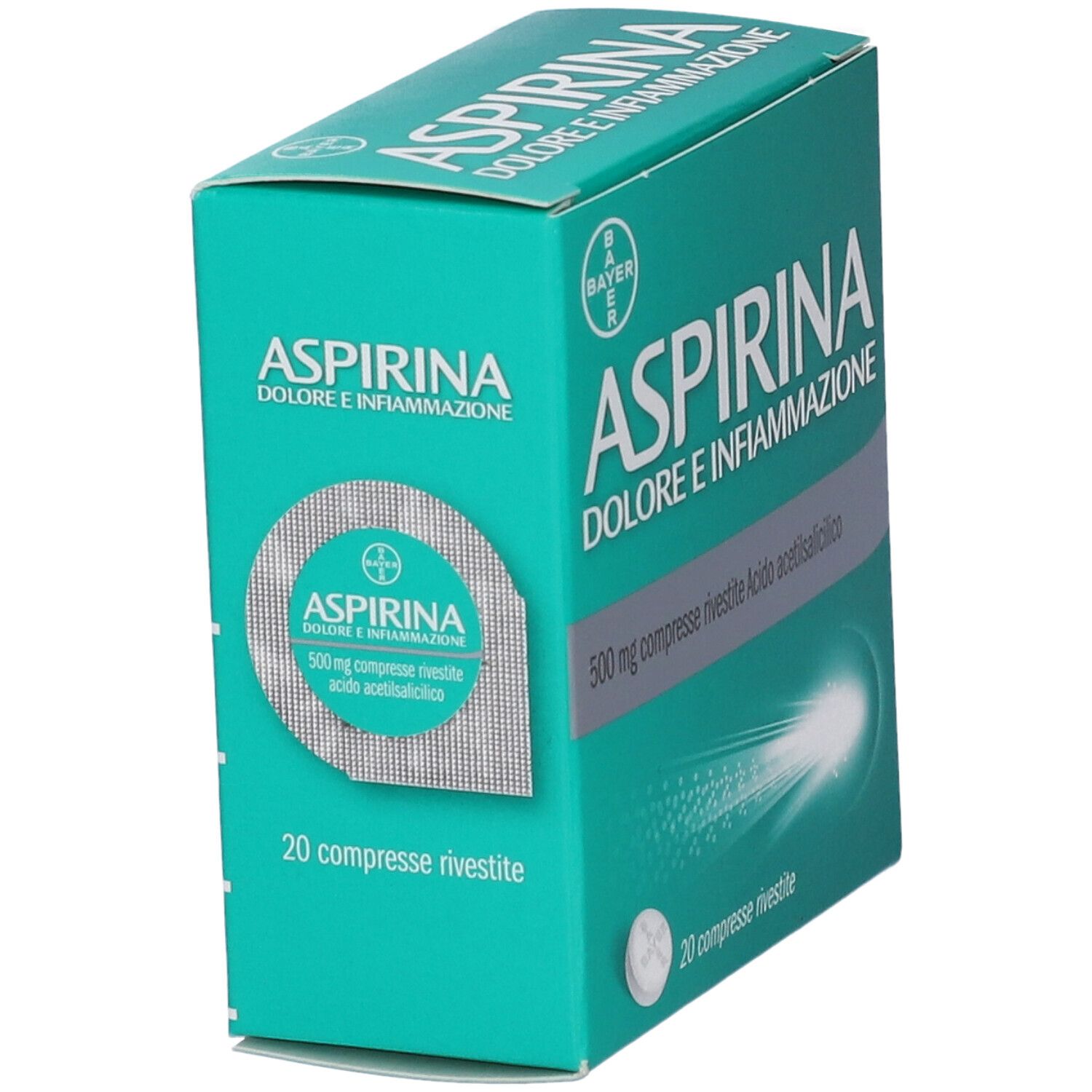 Scatola di Aspirina Dolore e Infiammazione. Verde, con nome del prodotto e del marchio. Una compressa e un blister visibili.