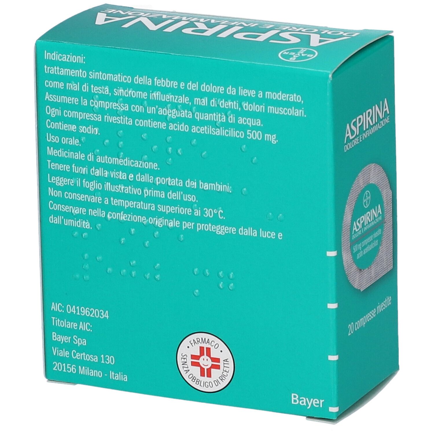 Retro della scatola Aspirina Dolore e Infiammazione. Testo in italiano. Logo Bayer e logo farmacia.