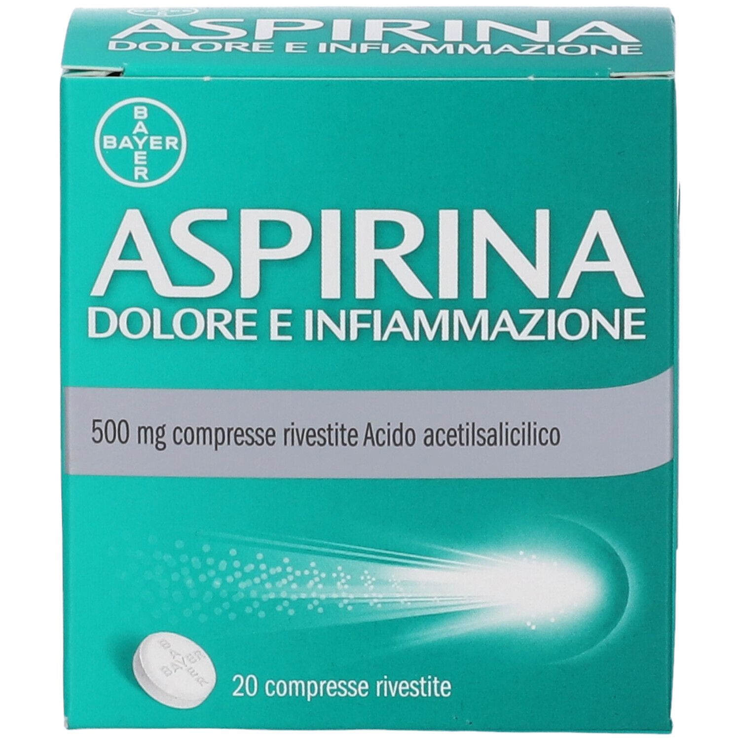 Scatola di Aspirina Dolore e Infiammazione. Verde, con nome del prodotto e del marchio. Una compressa visibile.