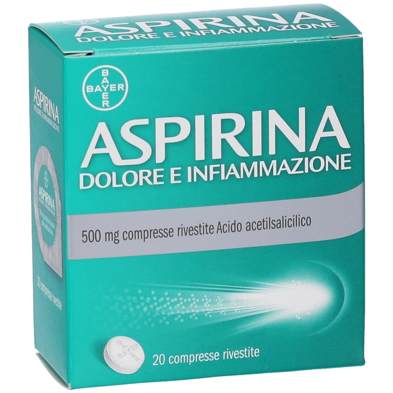 Scatola di Aspirina Dolore e Infiammazione. Verde, con nome del prodotto e del marchio. Una compressa visibile.