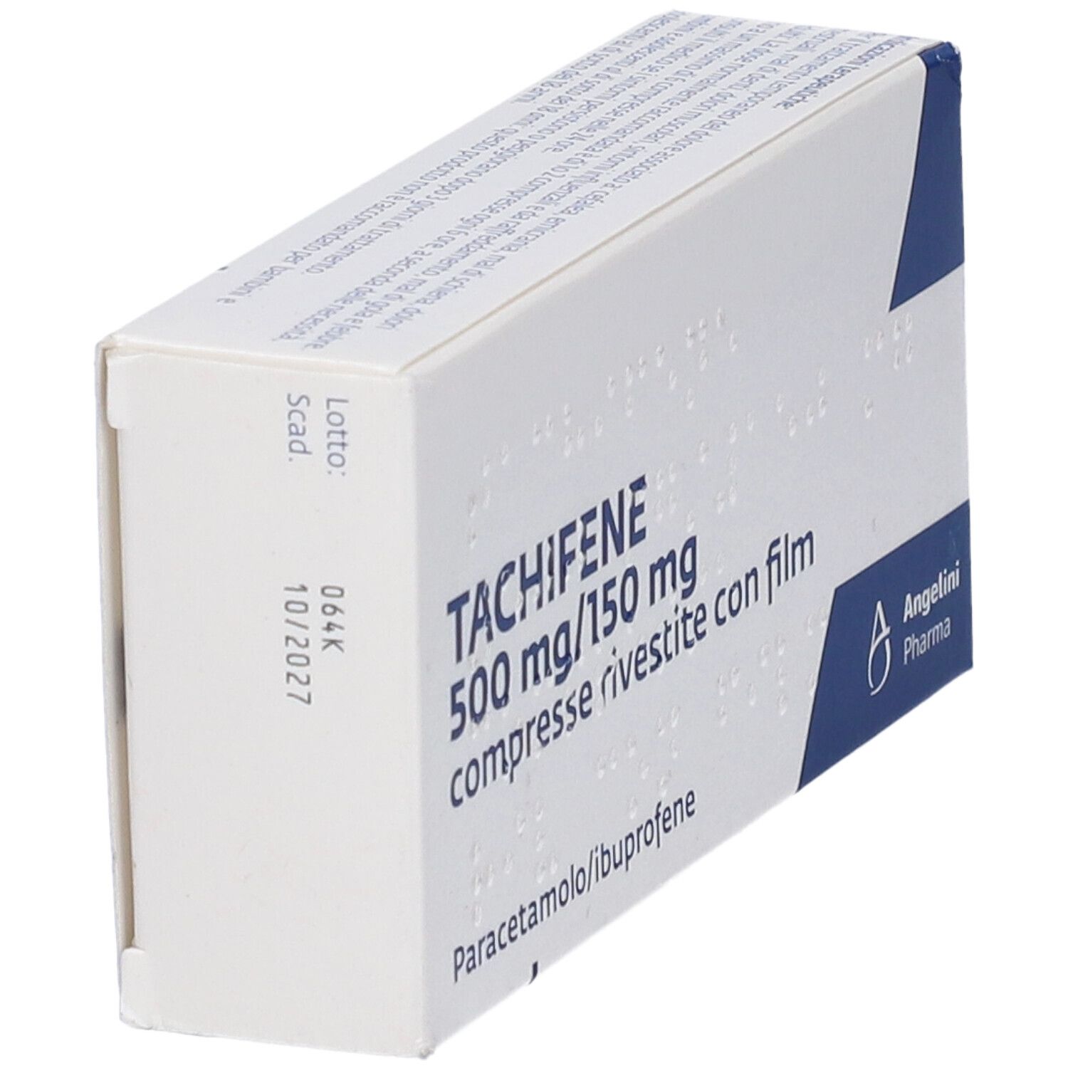 Scatola di Tachifene 500 mg/150 mg. Confezione bianca con nome del prodotto, logo e scadenza 10/2027.