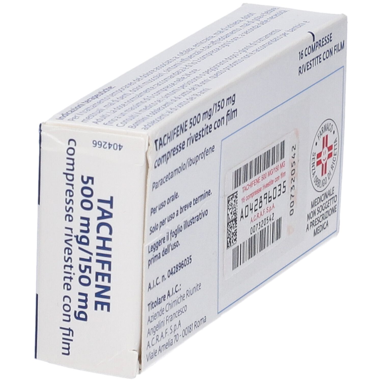 Scatola di Tachifene 500 mg/150 mg. Nome del prodotto, 16 compresse, logo farmacia e informazioni.
