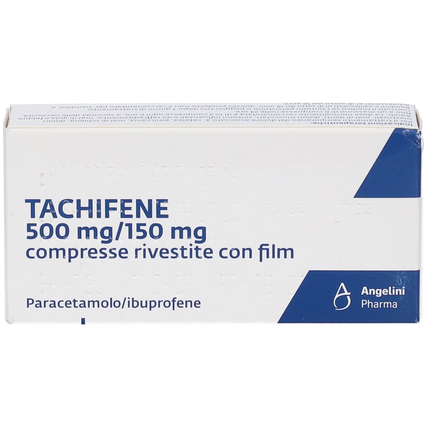 Scatola di Tachifene 500 mg/150 mg. Confezione bianca e blu con nome del prodotto e logo Angelini Pharma.