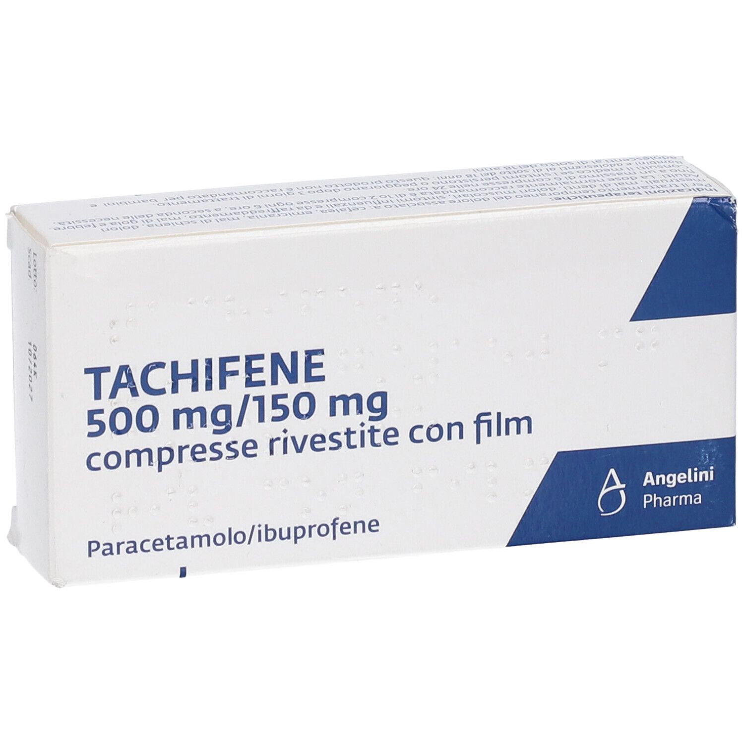 Scatola di Tachifene 500 mg/150 mg. Confezione bianca e blu con nome del prodotto e logo Angelini Pharma.