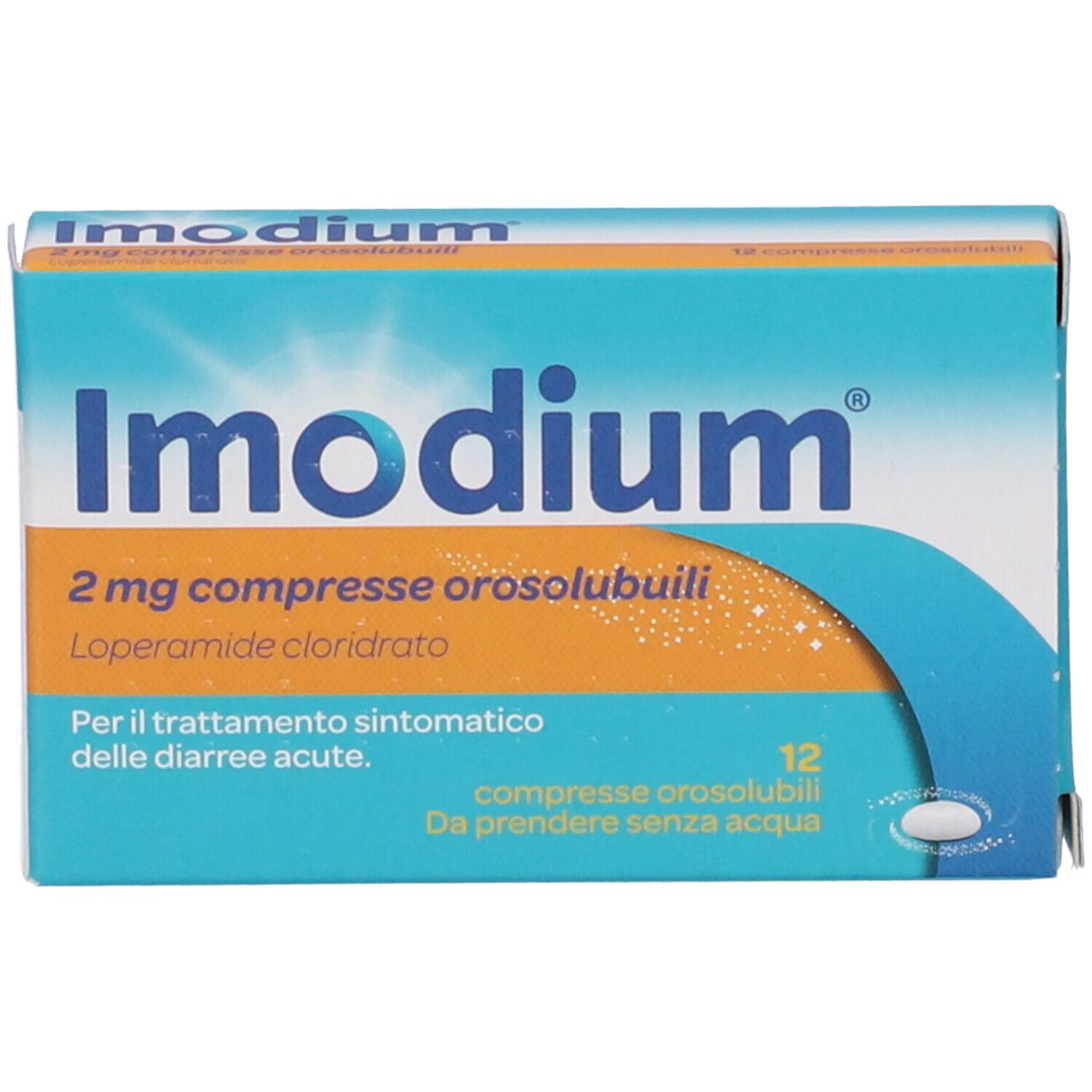 Scatola di compresse 'Imodium'. Confezione blu e arancione. Scritto: '2 mg compresse orosolubili'. Contiene 12 compresse.