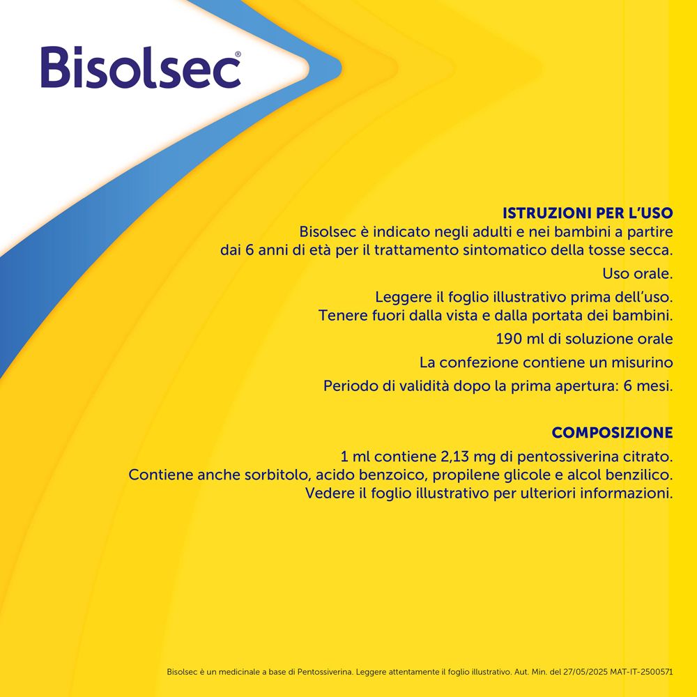 Testo: Istruzioni per l'uso di Bisolsec. Composizione: 2,13 mg di pentossiverina citrato per ml.