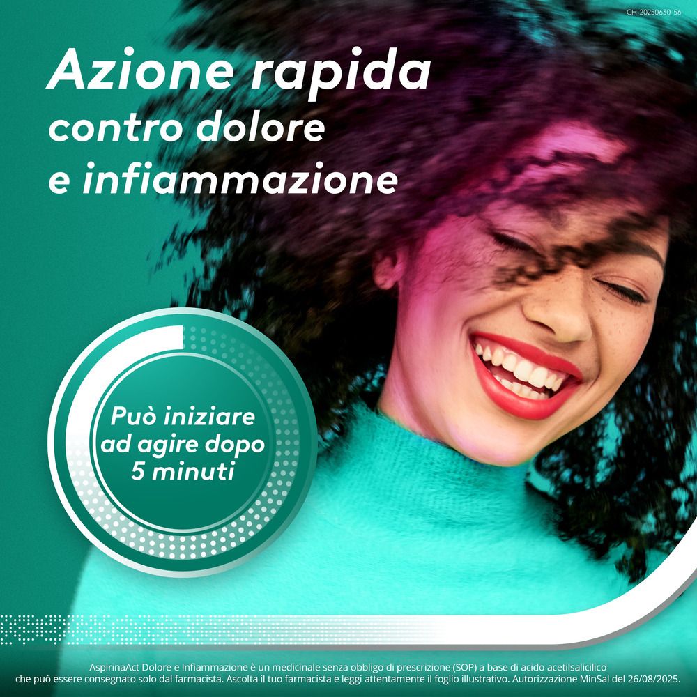 Donna sorridente. Testo: Azione rapida contro dolore e infiammazione. Agisce dopo 5 minuti.