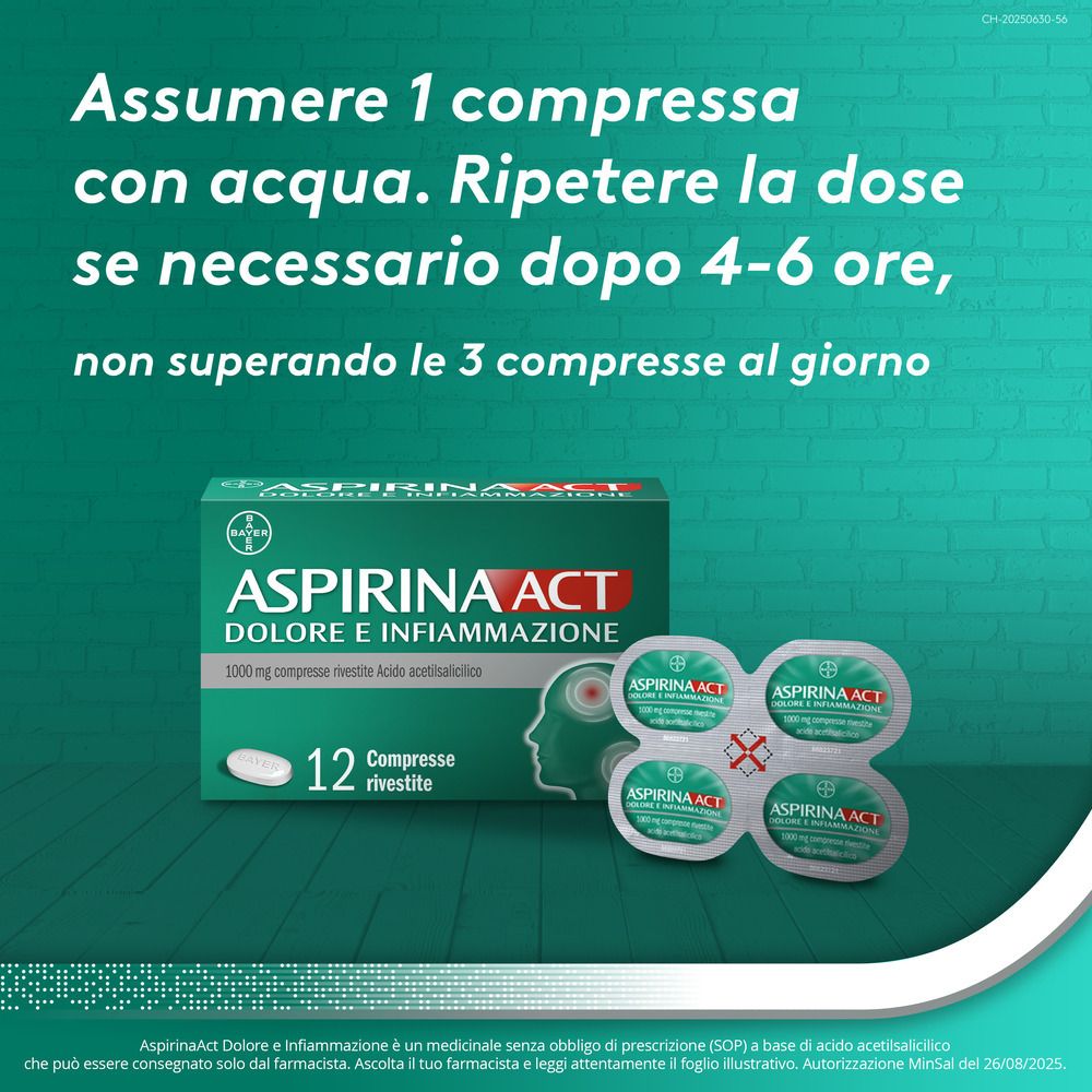 Confezione Aspirinaact e blister. Testo: Assumere 1 compressa con acqua. Ripetere dopo 4-6 ore, max 3/giorno.