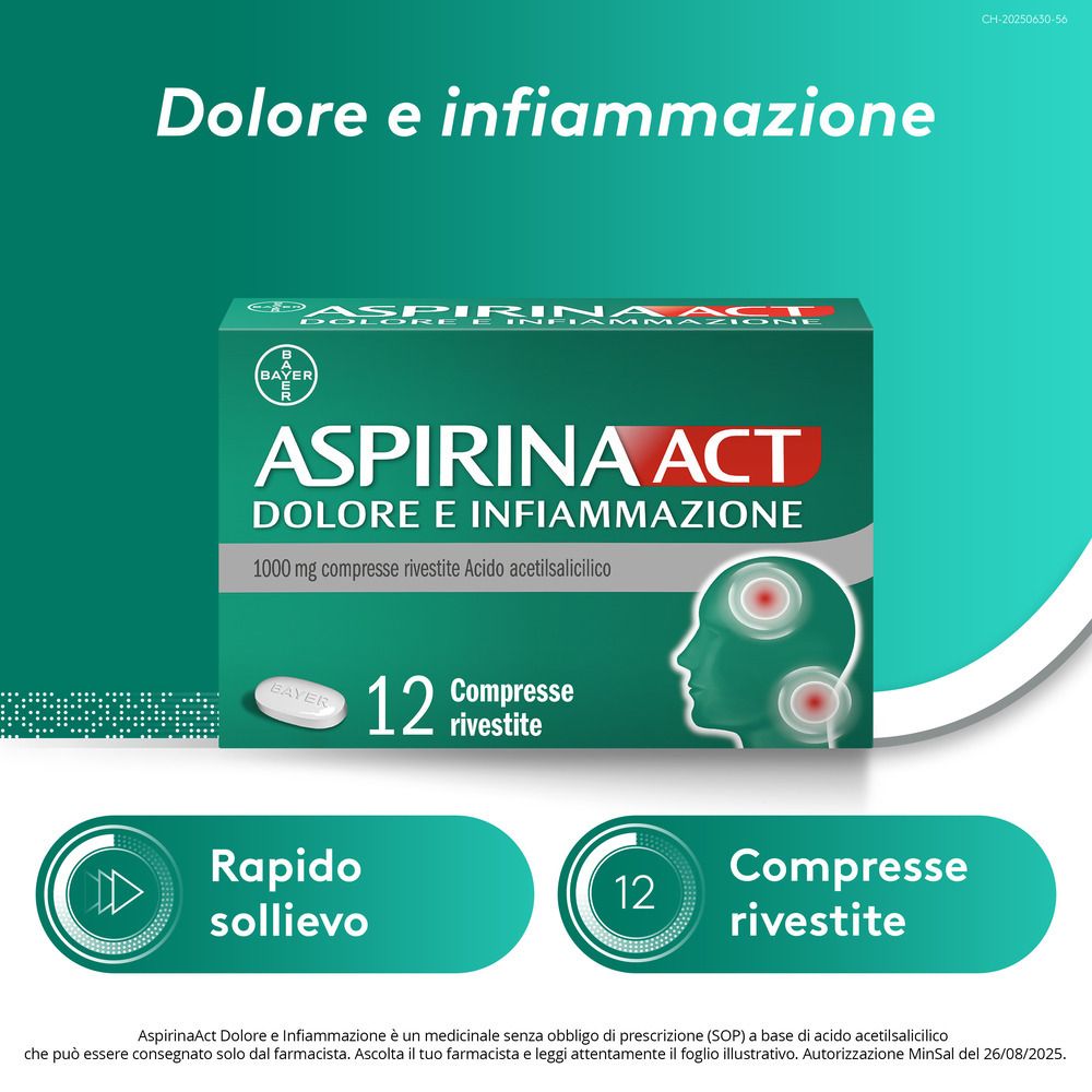 Confezione Aspirinaact. Testo: Dolore e infiammazione. Sollievo rapido e 12 compresse.