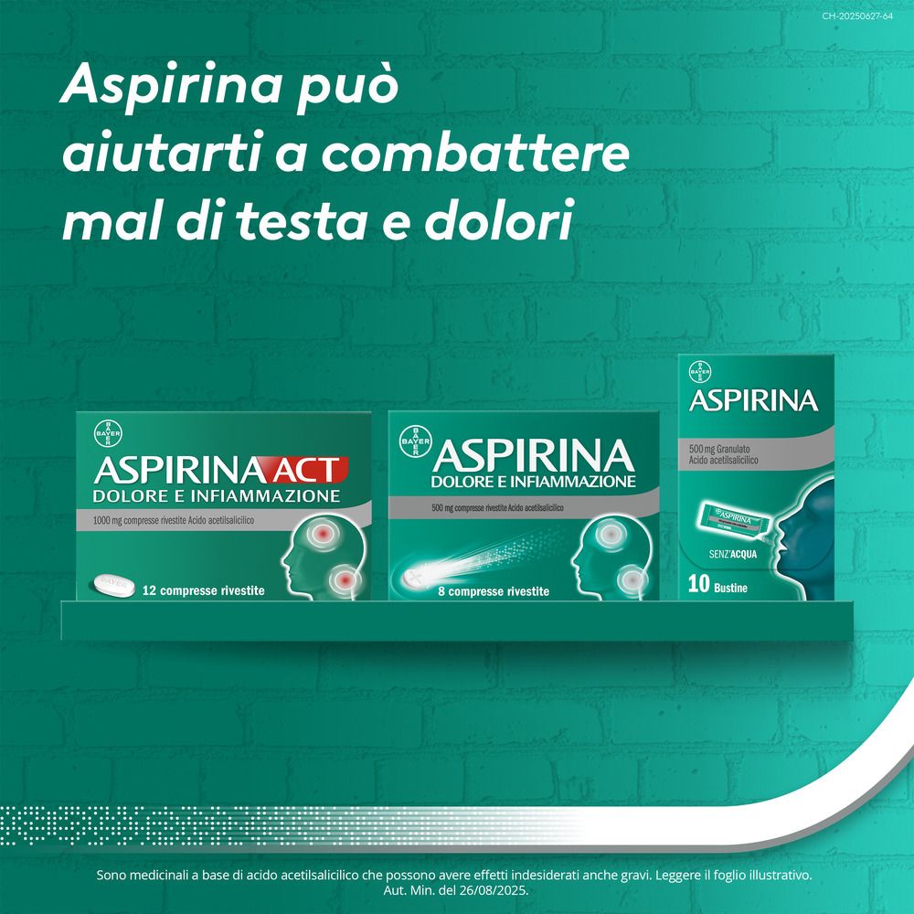 Confezioni Aspirinaact. Testo: Aspirina può aiutare contro mal di testa e dolori.