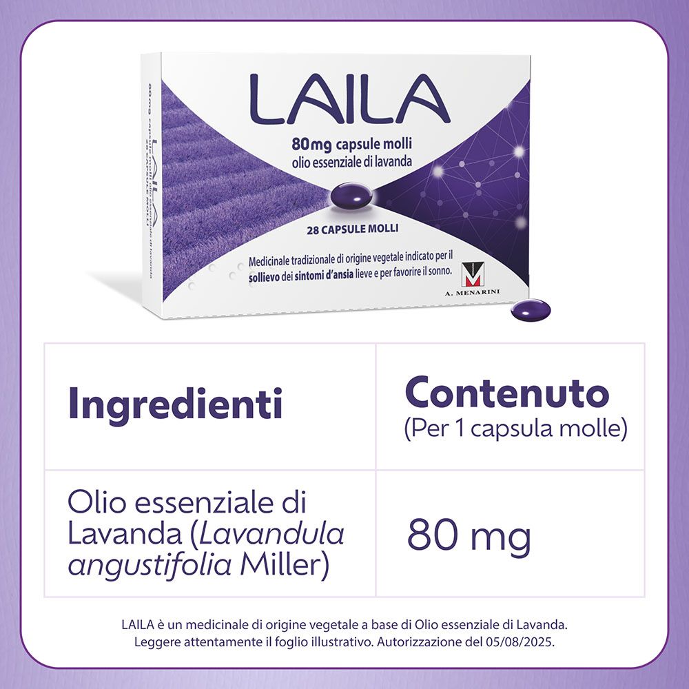 Tabella ingredienti. Olio essenziale di lavanda 80 mg per capsula. Testo: 'Lavandula angustifolia Miller'.