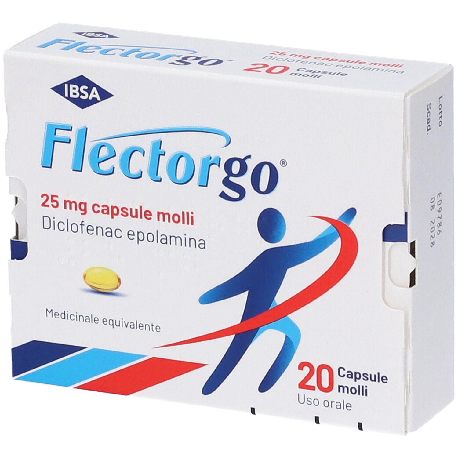 Scatola di Flectorgo® Antidolorifico 25mg 20 capsule molli. Elementi blu, rossi e bianchi. Capsula gialla raffigurata.