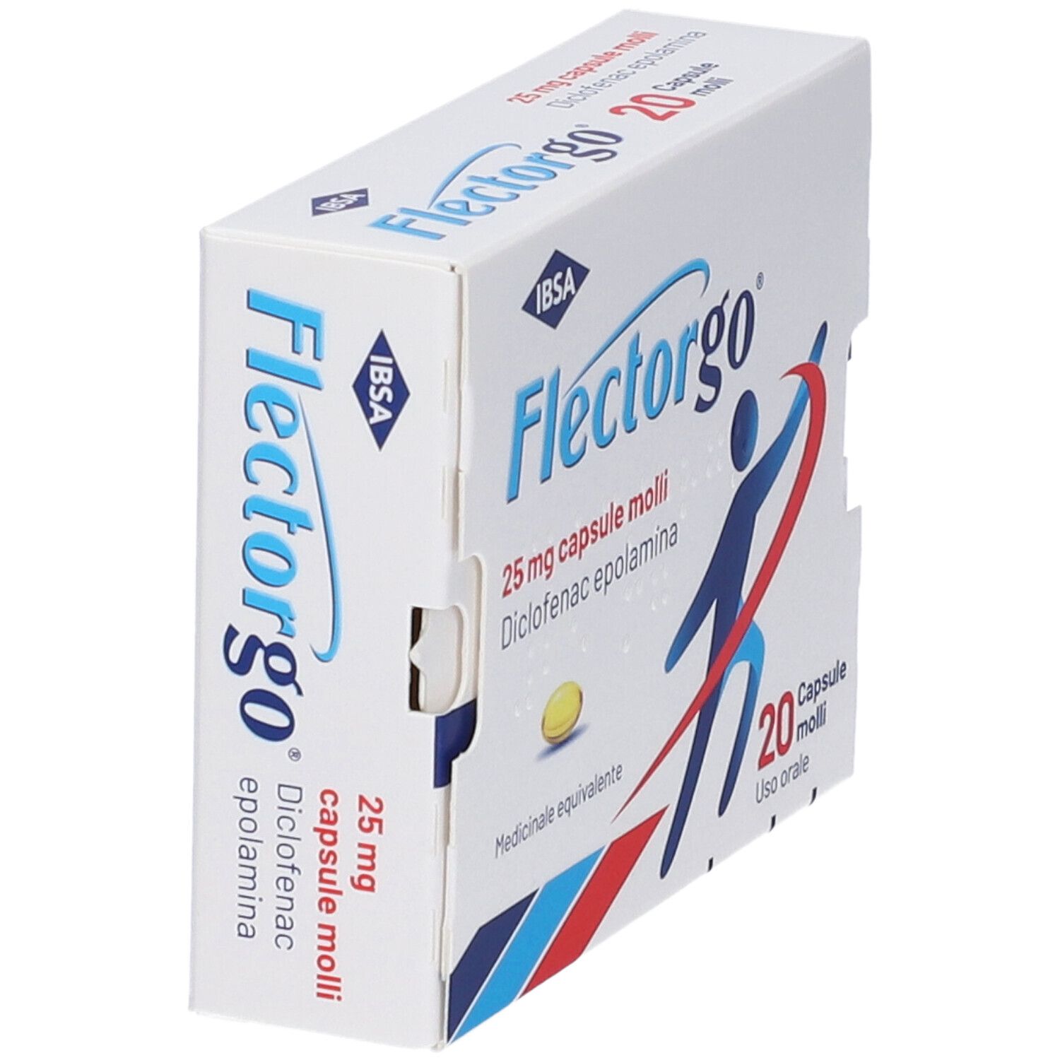 Scatola di Flectorgo® Antidolorifico 25mg 20 capsule molli. Elementi blu, rossi e bianchi. Capsula gialla raffigurata.