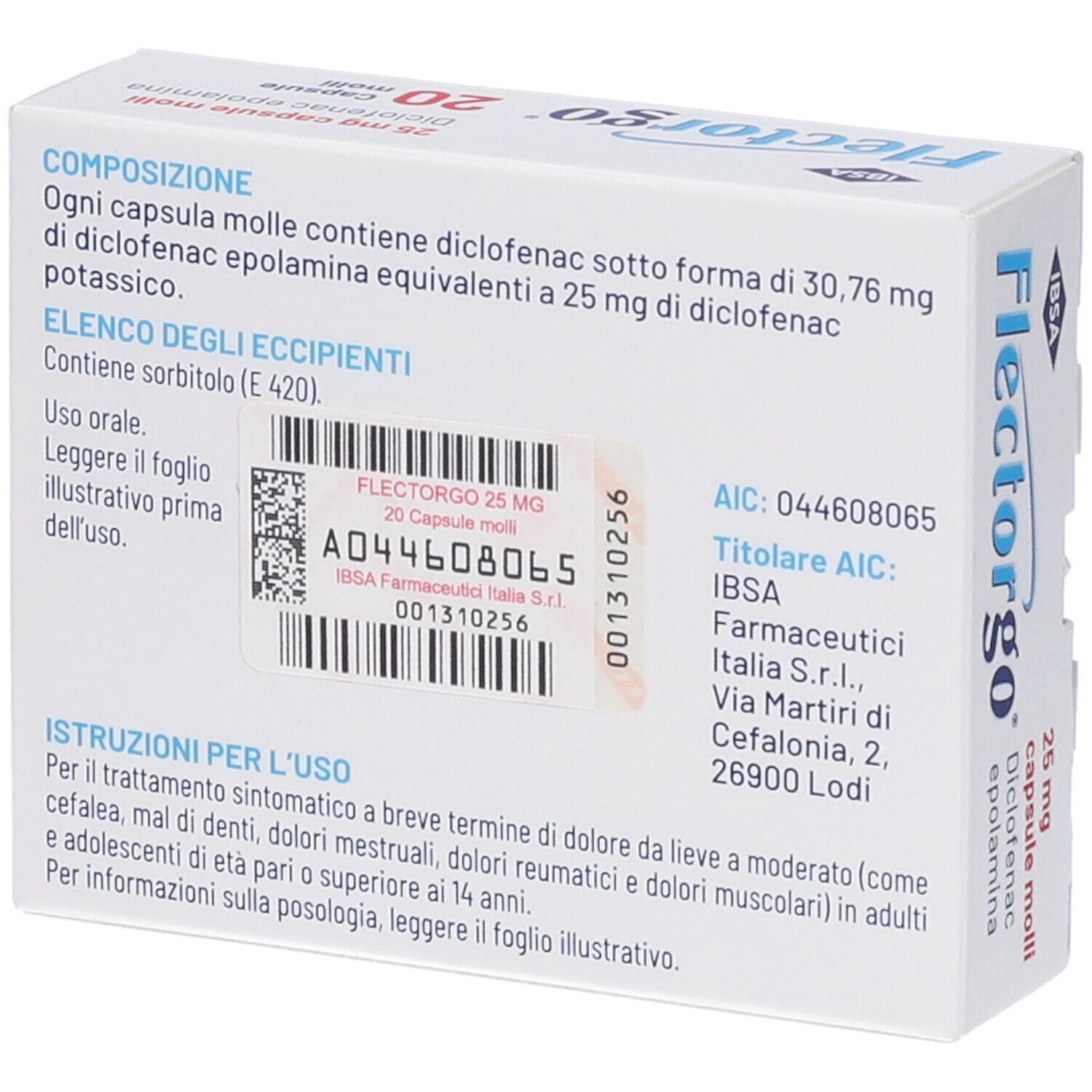 Retro della scatola di Flectorgo® Antidolorifico 25mg 20 capsule molli. Testo e codice a barre. Scadenza 08 2026.