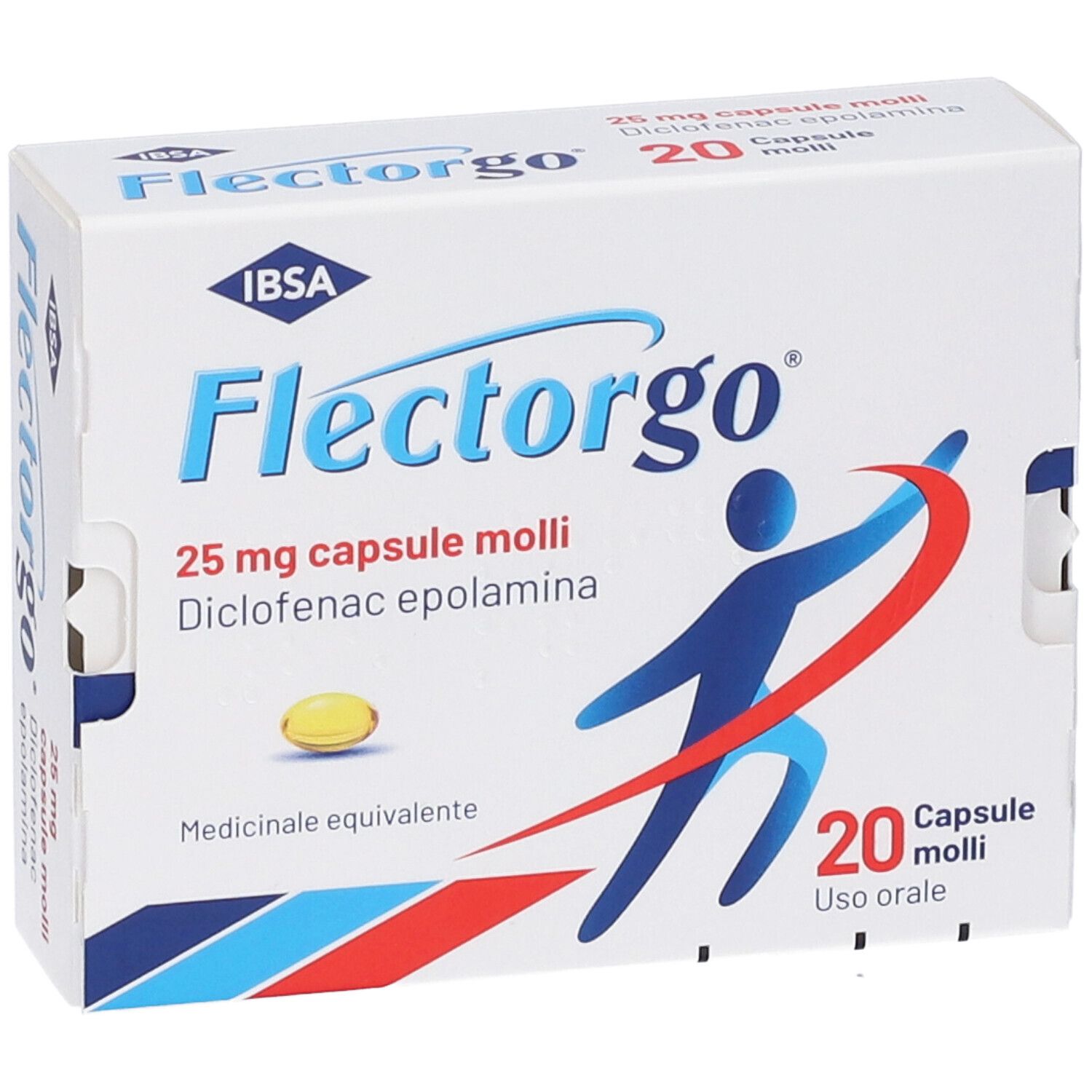 Scatola di Flectorgo® Antidolorifico 25mg 20 capsule molli. Elementi blu, rossi e bianchi. Capsula gialla raffigurata.