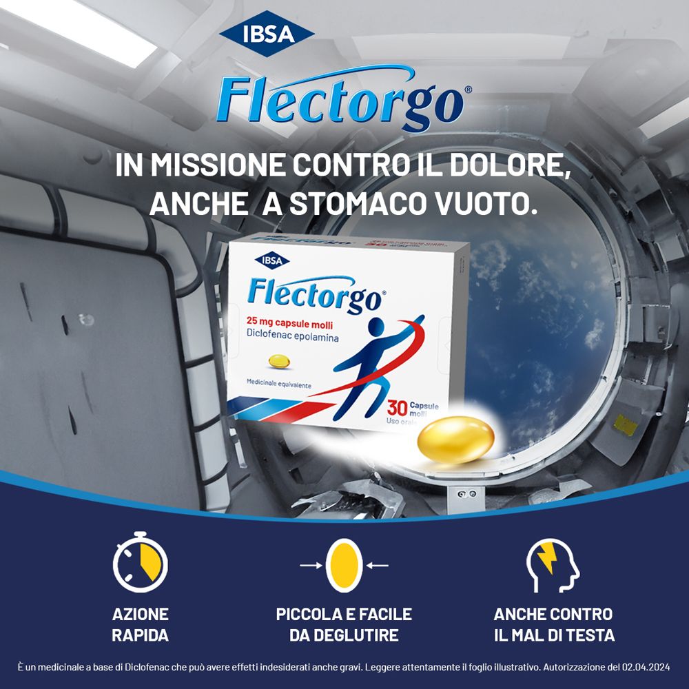 Immagine pubblicitaria con confezione Flectorgo. Testo: In missione contro il dolore, anche a stomaco vuoto. Azione rapida.