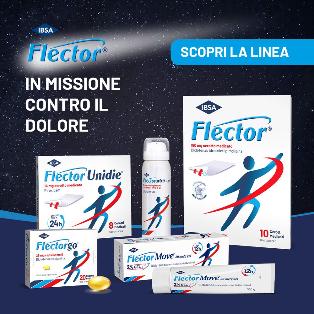 Pubblicità con diversi prodotti Flector. Include Flectorgo®, Flector Unidie, Flector Move.