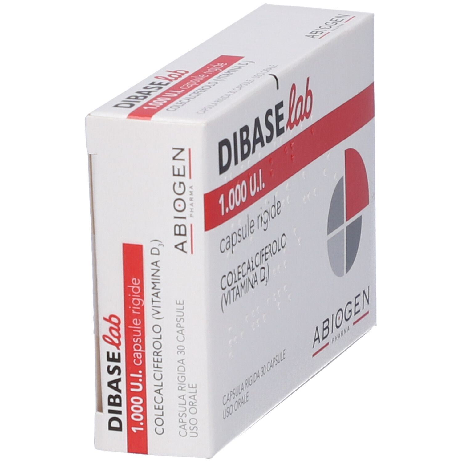 Scatola, bianco con banda rossa. Scritto: DIBASE lab, 1.000 U.I., capsule rigide, COLECALCIFEROLO (VITAMINA D3). ABIOGEN Pharma.