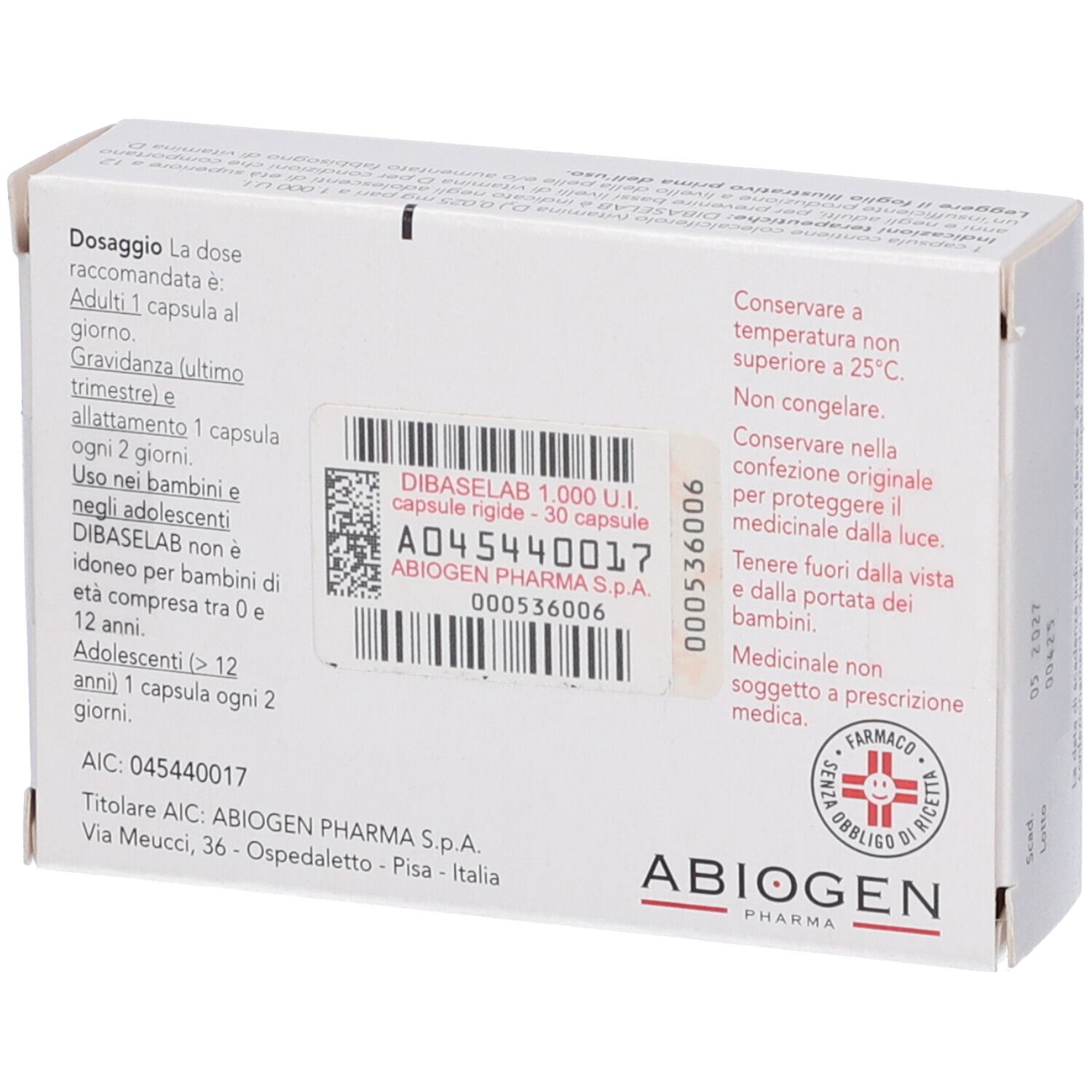 Retro della scatola bianca. Testo: Dosaggio, ingredienti, informazioni produttore, avvertenze. ABIOGEN Pharma.