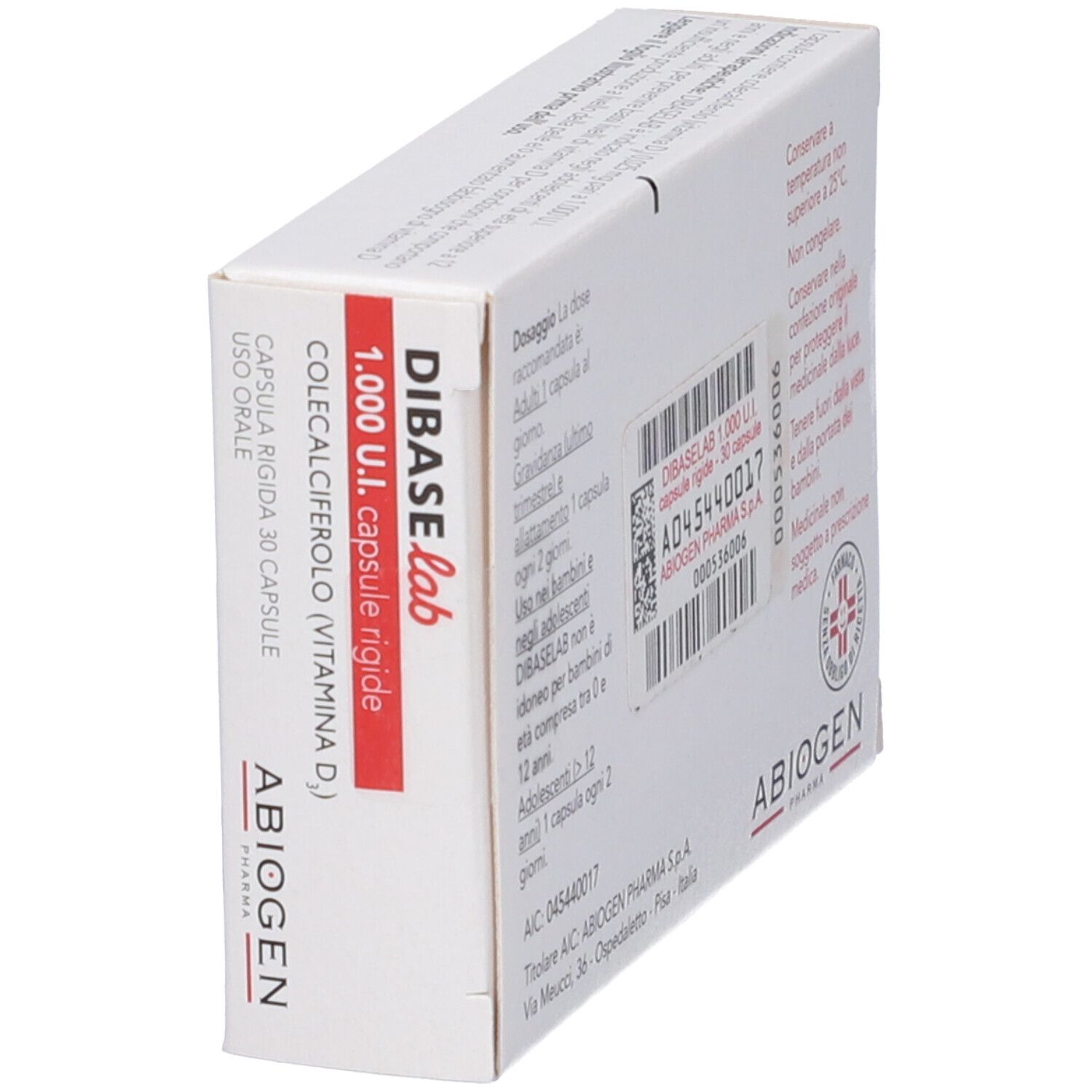 Scatola, bianco con banda rossa. Scritto: DIBASE lab, 1.000 U.I., capsule rigide, COLECALCIFEROLO (VITAMINA D3). ABIOGEN Pharma.