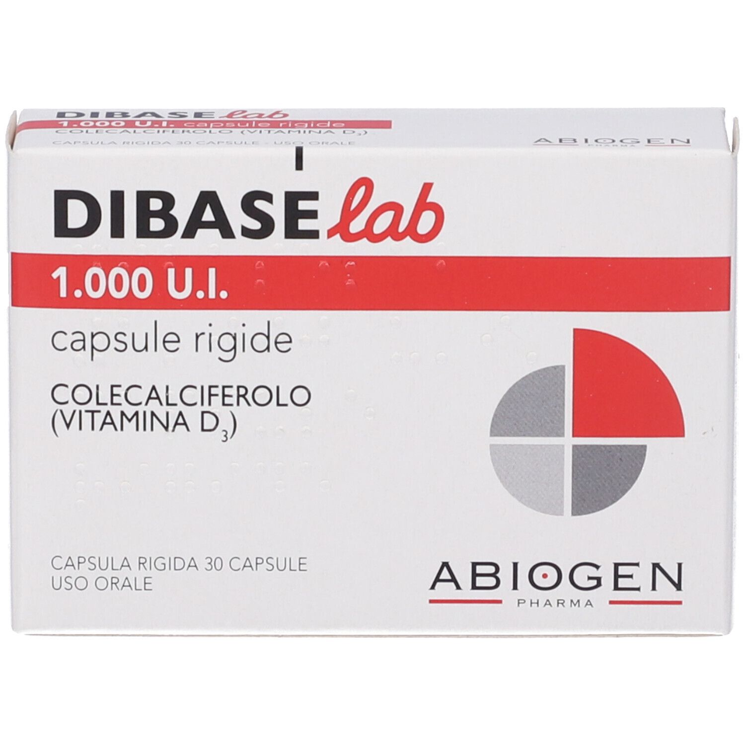 Scatola bianca con banda rossa. Scritto: DIBASE lab, 1.000 U.I., capsule rigide, COLECALCIFEROLO (VITAMINA D3). ABIOGEN Pharma.