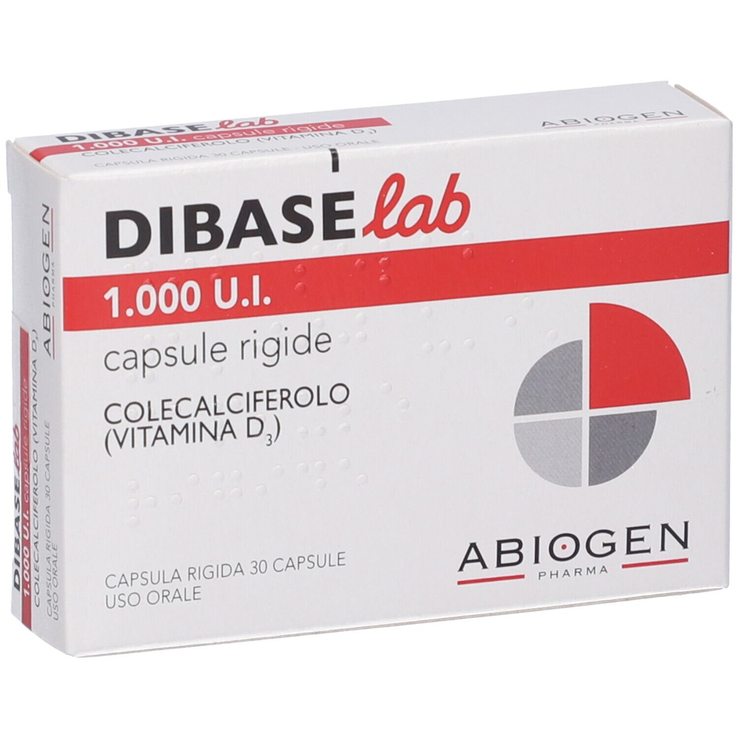 Scatola bianca con banda rossa. Scritto: DIBASE lab, 1.000 U.I., capsule rigide, COLECALCIFEROLO (VITAMINA D3). ABIOGEN Pharma.