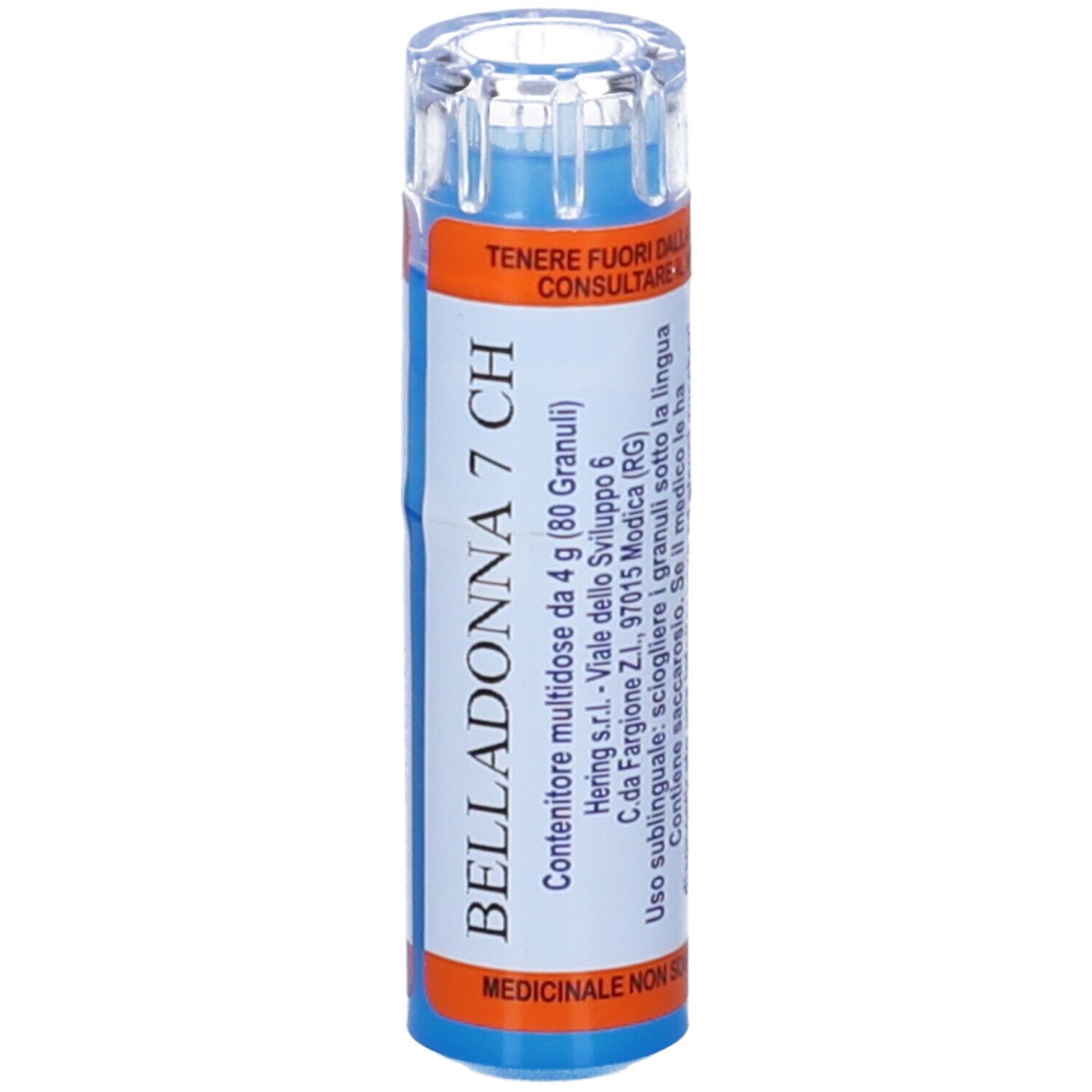 Flacone cilindrico blu e arancione. Scritta Belladonna 7 CH, 80 Granuli. Tappo trasparente.