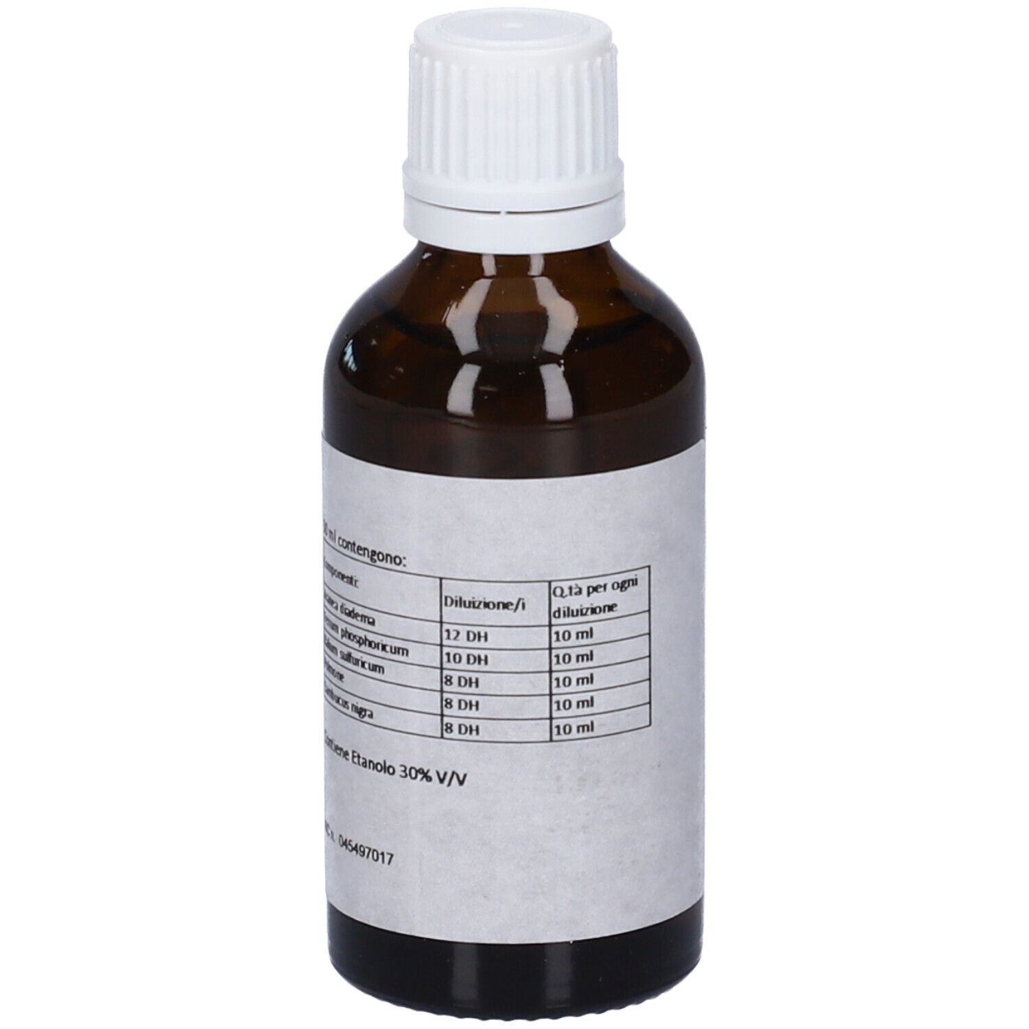 Flacone di vetro marrone con tappo bianco. Etichetta con elenco ingredienti e informazioni di diluizione.