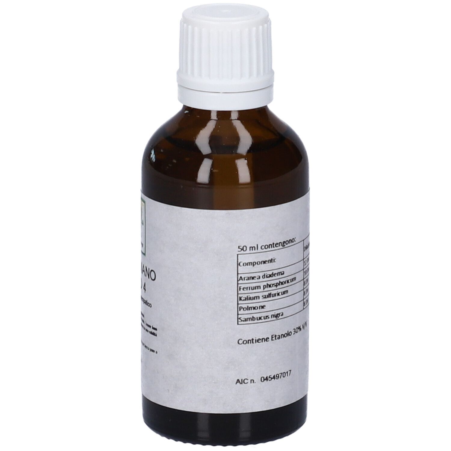 Flacone di vetro marrone con tappo bianco. Etichetta con ingredienti e indicazione del volume: 50 ml.