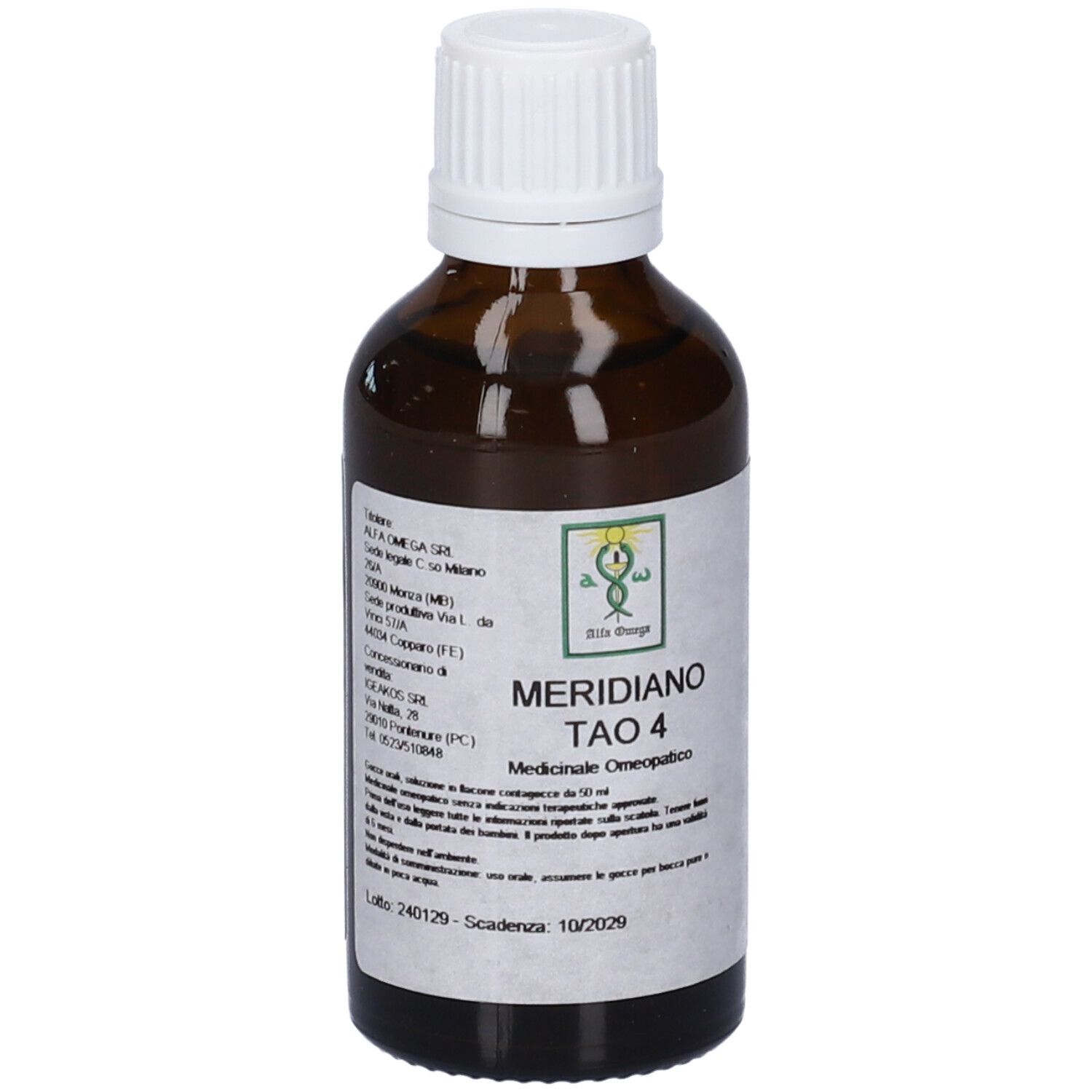 Flacone di vetro marrone con tappo bianco. Etichetta con nome del prodotto, logo e denominazione medica.