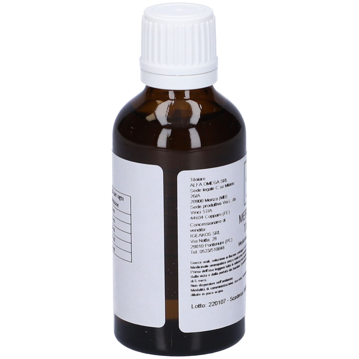 Flacone di vetro marrone con tappo bianco. Retro con etichetta e testo. Informazioni sull'indirizzo e numero di lotto.