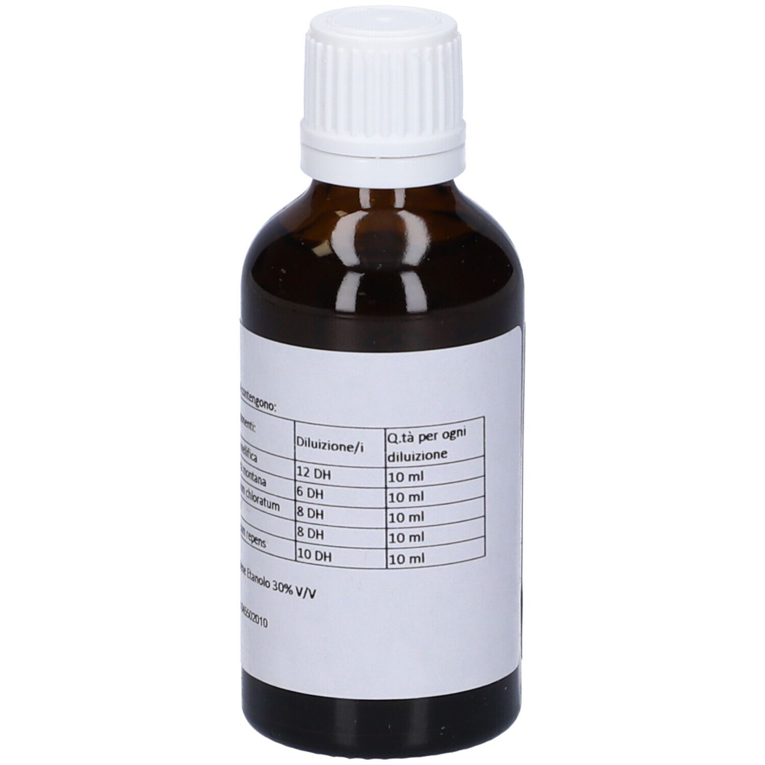 Flacone di vetro marrone con tappo bianco. Etichetta con informazioni sugli ingredienti. Elenco di diluizioni e quantità.