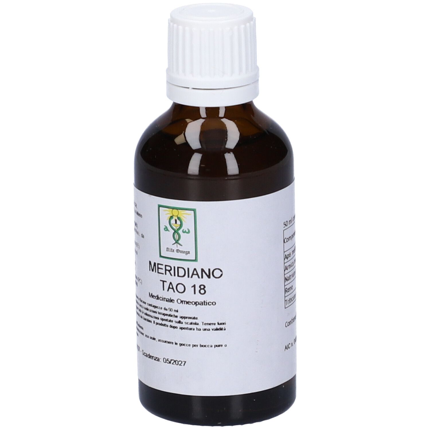 Flacone di vetro marrone con tappo bianco. Etichetta con testo: Meridiano Tao 18, Medicinale Omeopatico. Logo verde.