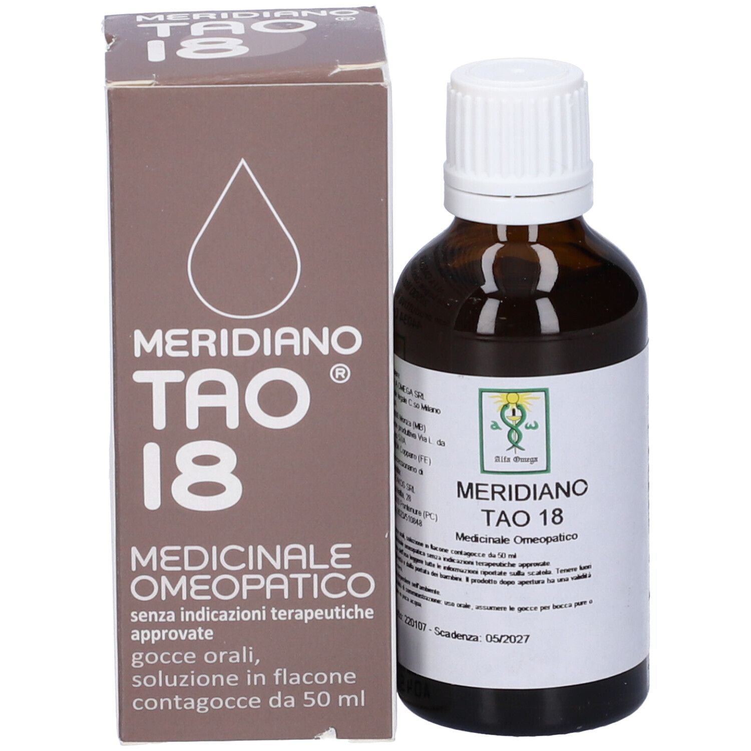 Scatola e flacone marroni. Sulla scatola: Meridiano Tao 18, Medicinale Omeopatico. Flacone con tappo bianco.
