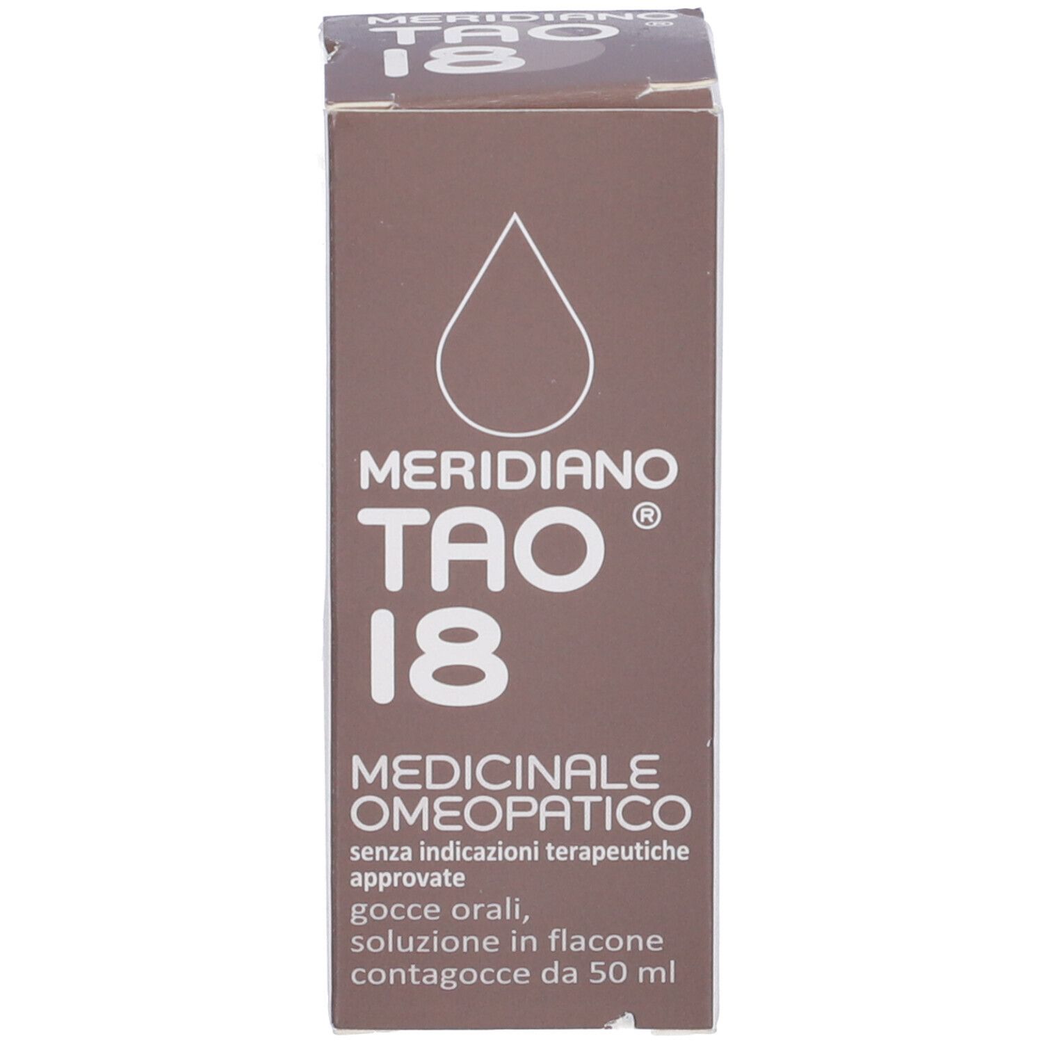 Scatola marrone con testo: Meridiano Tao 18, Medicinale Omeopatico. Simbolo di goccia. Illustrazione del flacone.