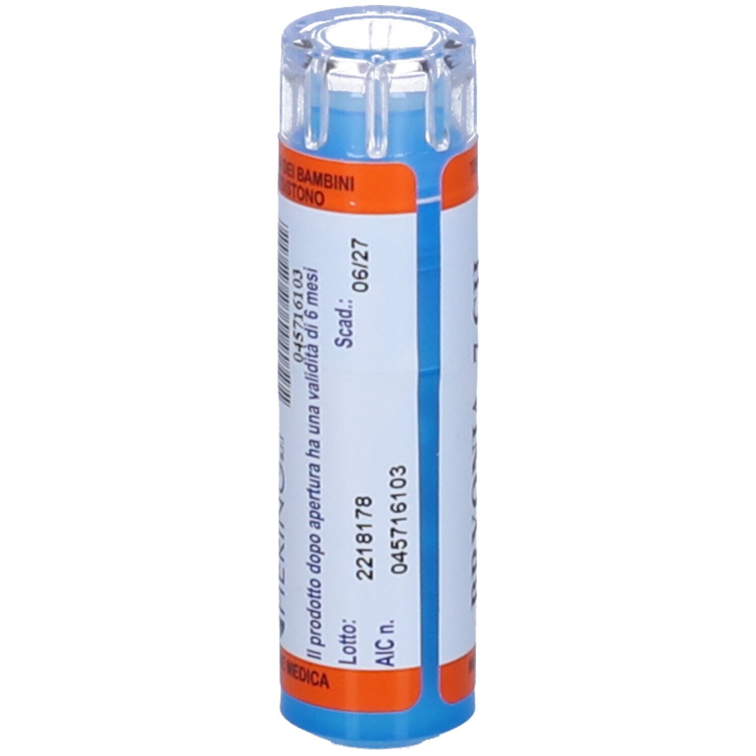 Contenitore multidose cilindrico blu. Scritta: Bryonia 7 CH. Etichette con numero di lotto e scadenza.