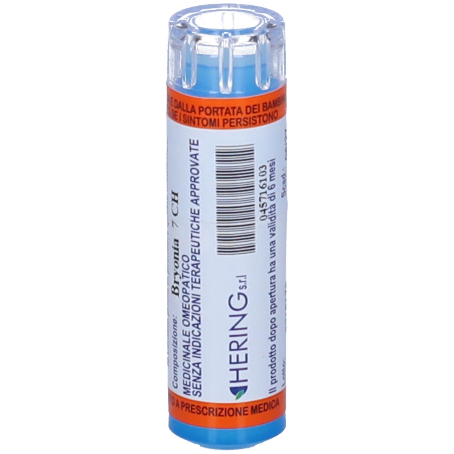 Contenitore multidose cilindrico blu. Scritta: Bryonia 7 CH. Logo Hering. Codice a barre e testo.