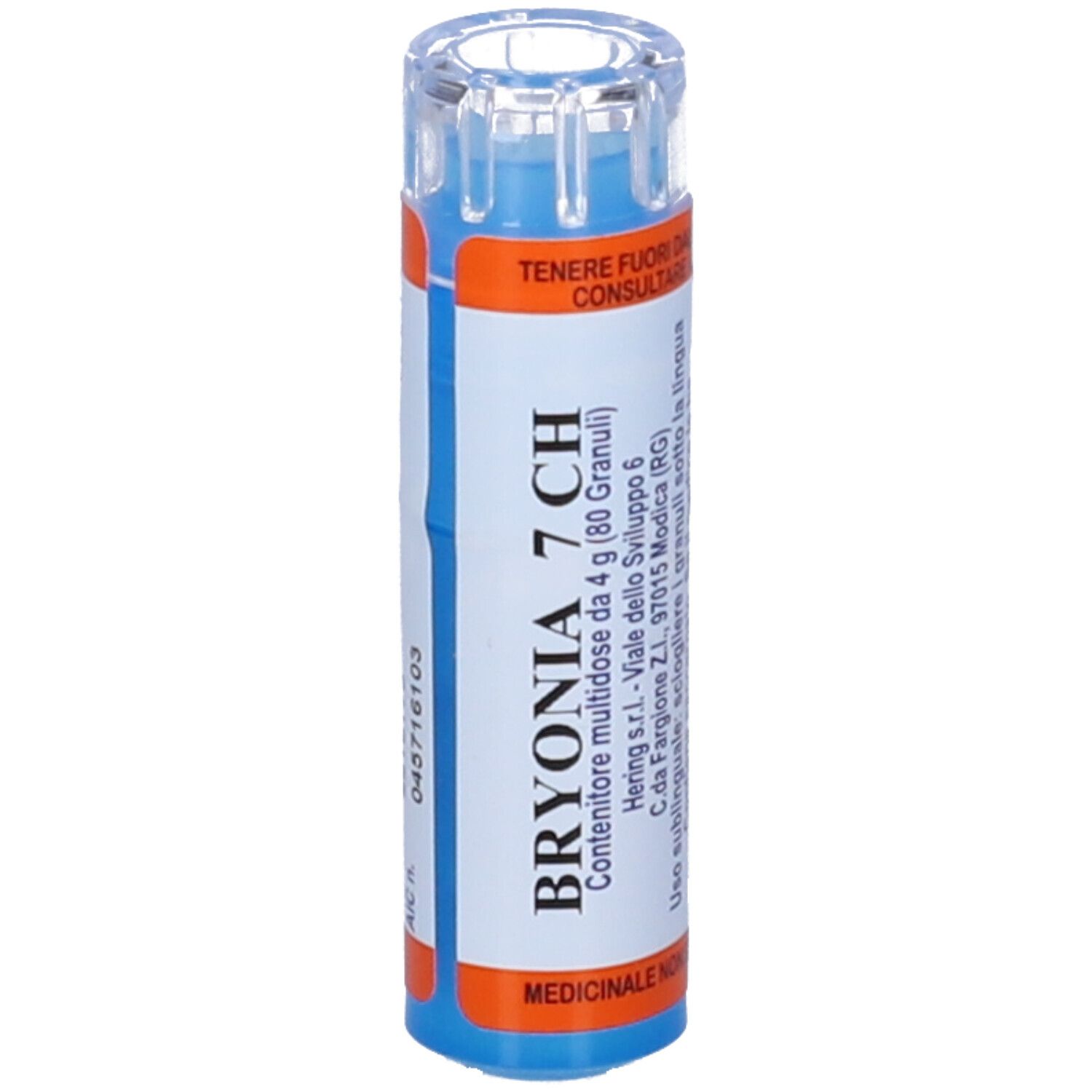 Contenitore multidose cilindrico blu. Scritta: Bryonia 7 CH. Etichette arancioni e blu. Contiene 80 granuli.