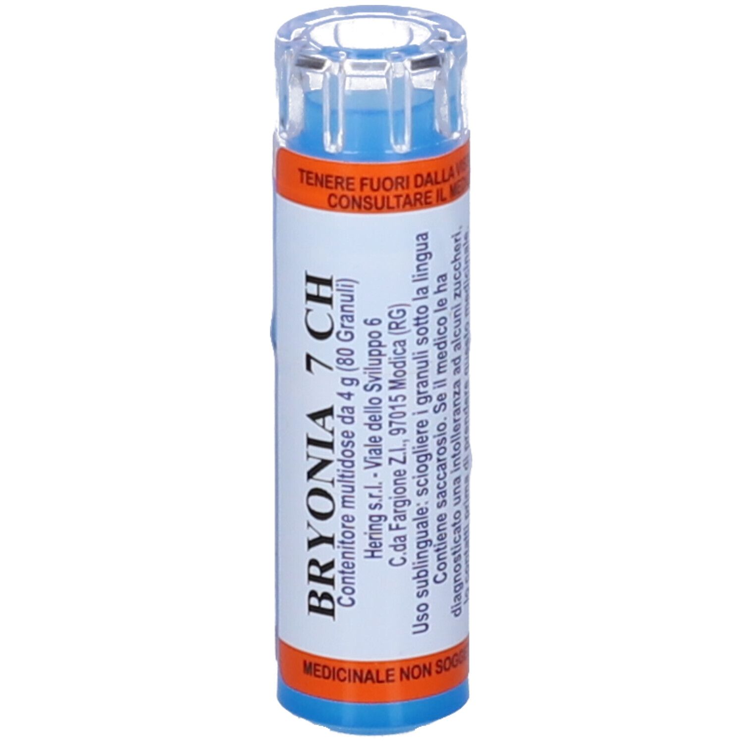 Contenitore multidose cilindrico blu. Scritta: Bryonia 7 CH. Contiene 80 granuli. Testo sulle etichette.