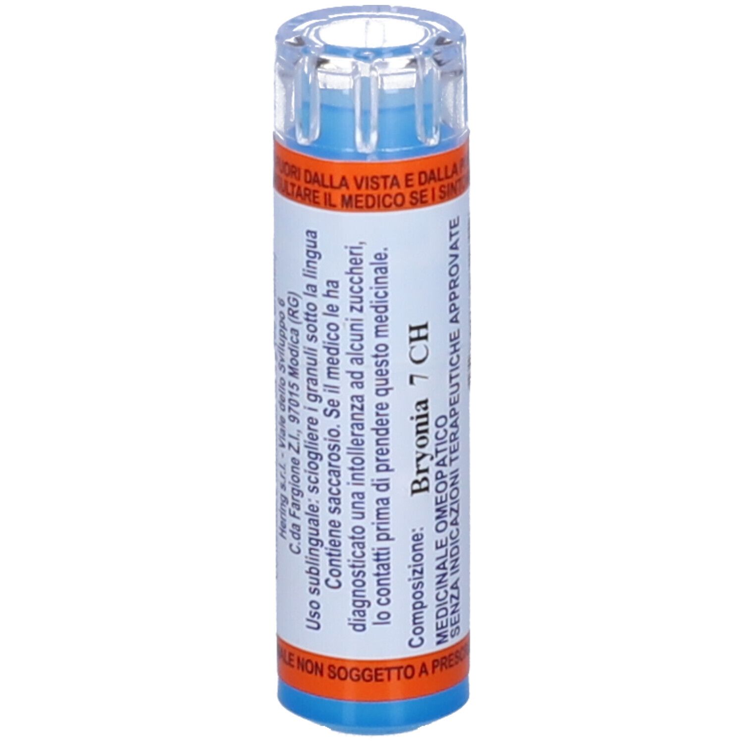 Contenitore multidose cilindrico blu. Scritta: Bryonia 7 CH. Testo sulle etichette. Non soggetto a prescrizione.