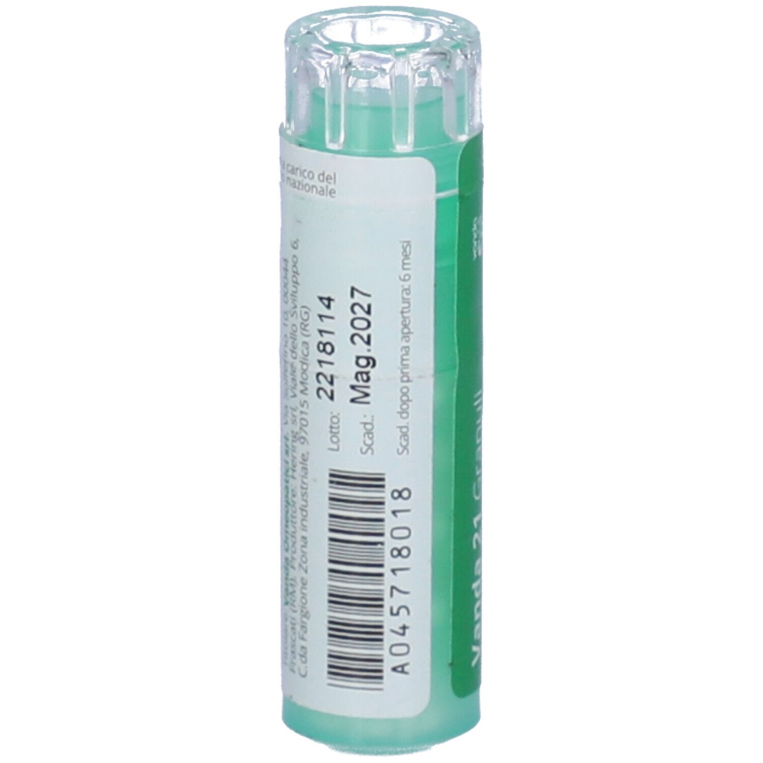 Confezione cilindrica con etichetta verde. Codice a barre e informazioni di produzione e scadenza.
