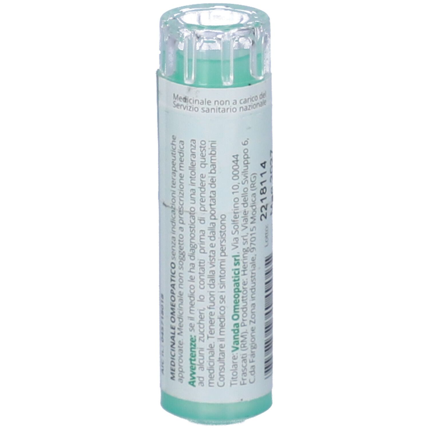 Confezione cilindrica con etichetta verde. Testo su indicazioni mediche e avvertenze.